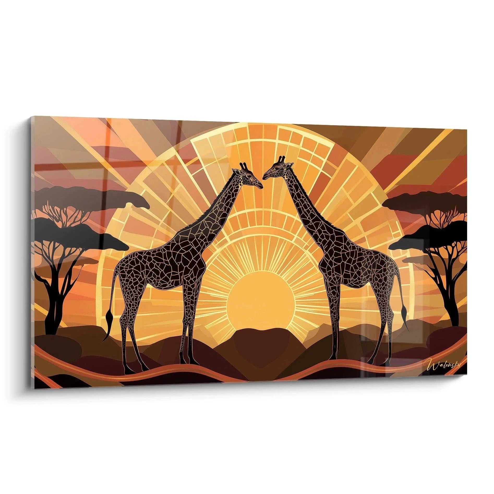 Wandbild Giraffen bei Sonnenuntergang im Mosaik-Stil mit warmen Farbtönen - Afrika Wanddeko Edition Giraffe