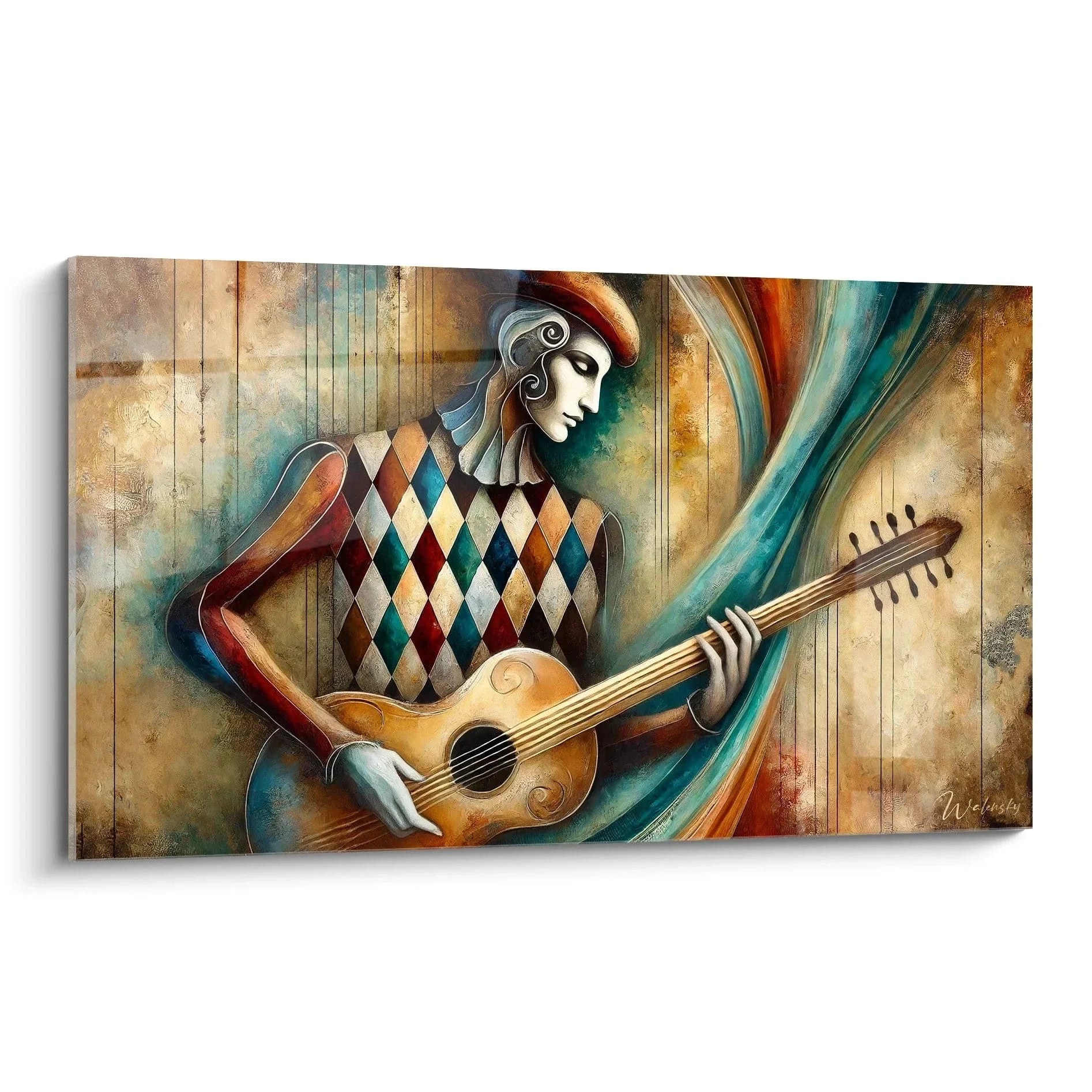 Wandbild Gitarrist Harlequin abstrakte Musikkunst mit Gitarre in warmen Farbtönen moderne Wanddekoration