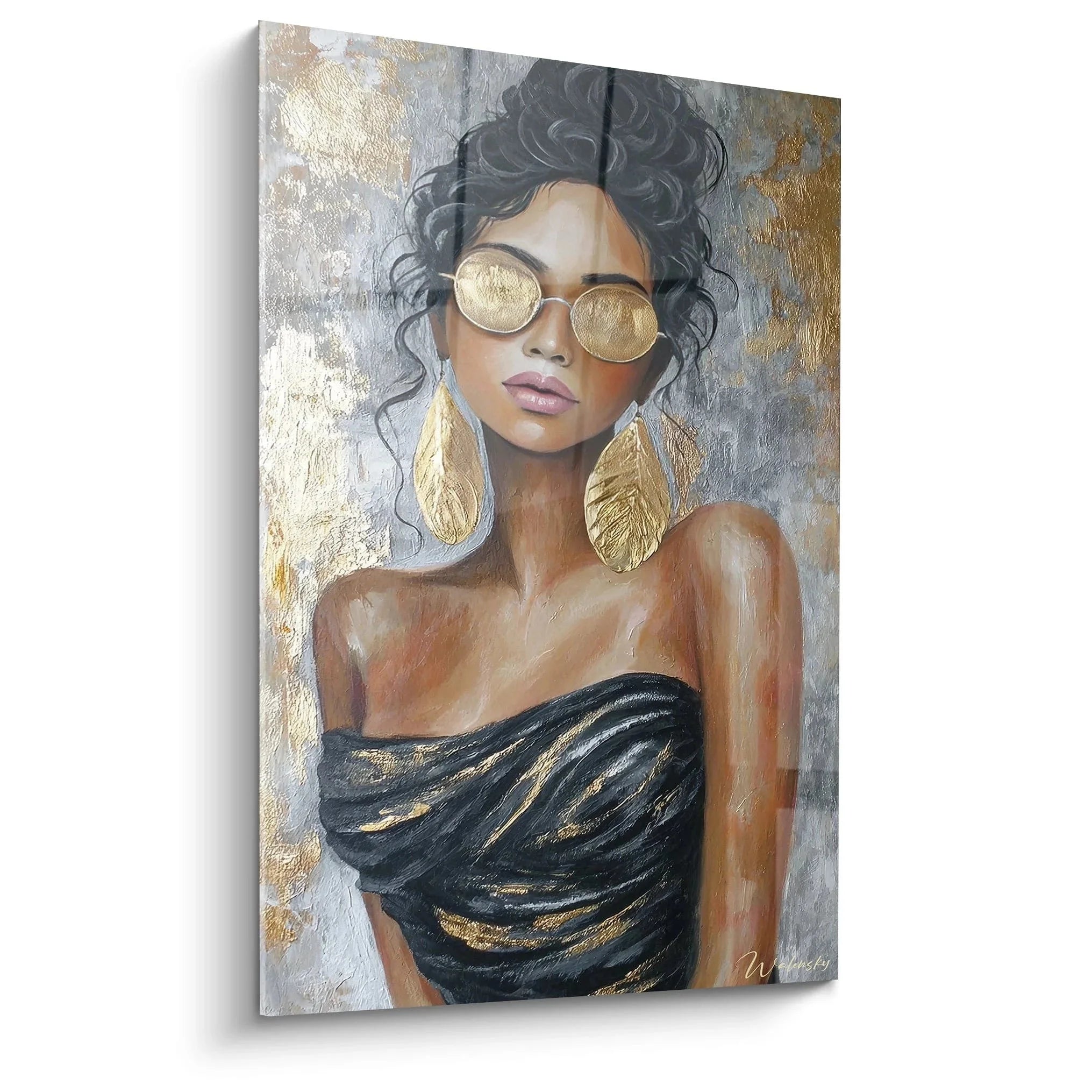 Wandbild glamouröse Frau mit goldener Sonnenbrille und eleganten Ohrringen - Mode-Gesicht Edition