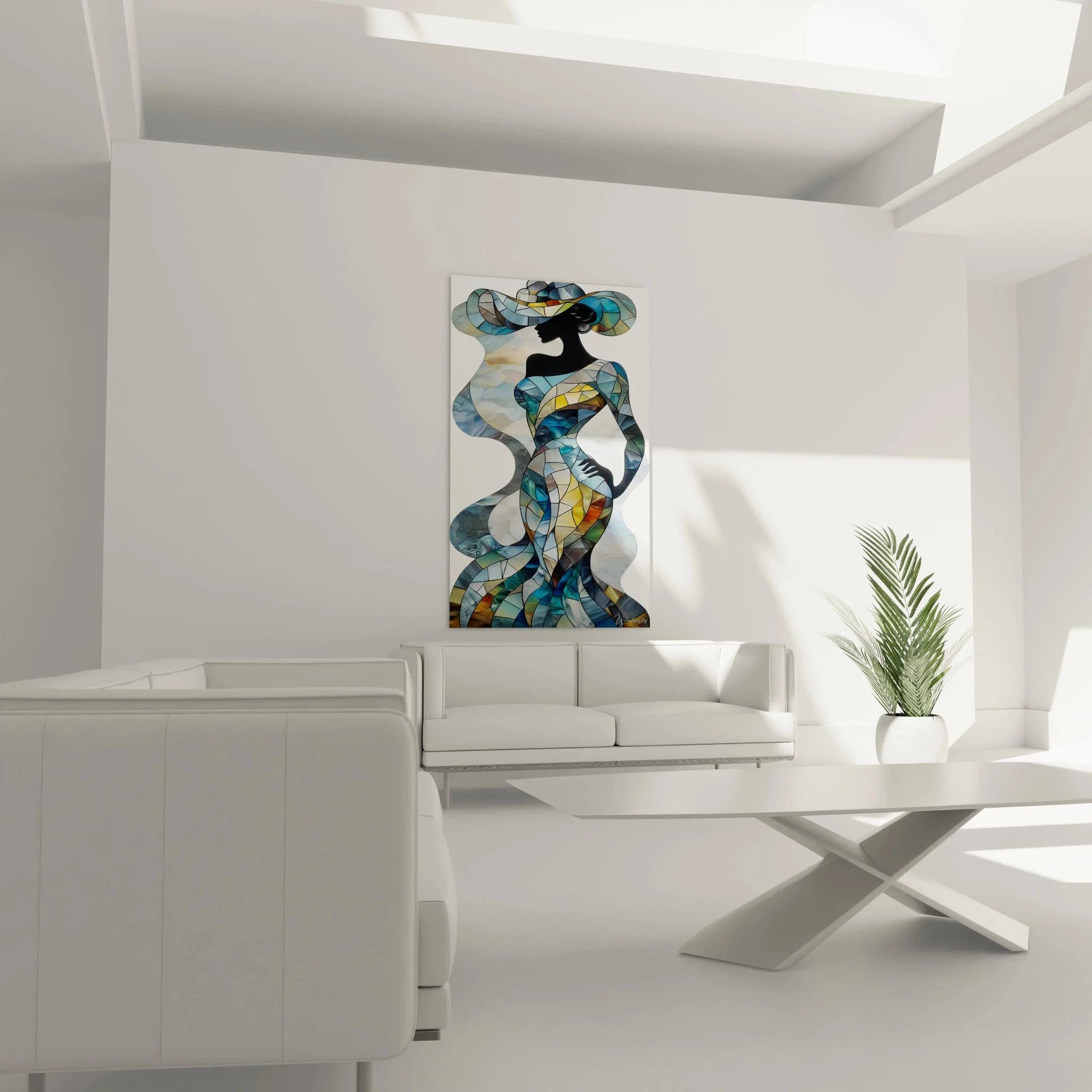 Detailansicht Glasmosaik Wandbild zeigt kristalline Struktur und Farbverläufe der Frauendarstellung