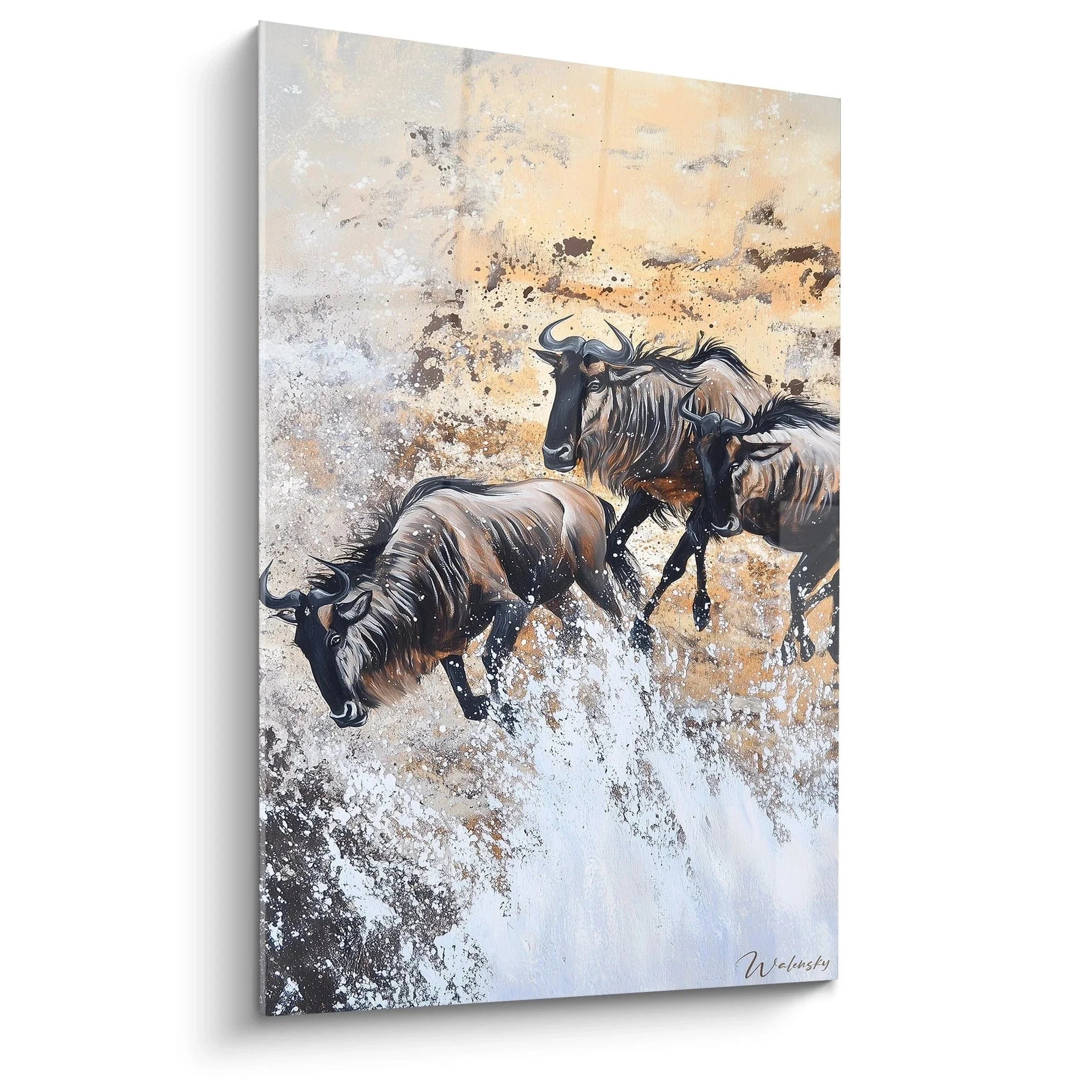 Wandbild Gnus im Wasser zeigt drei Gnus in dynamischer Flucht durch spritzende Gewässer Afrika