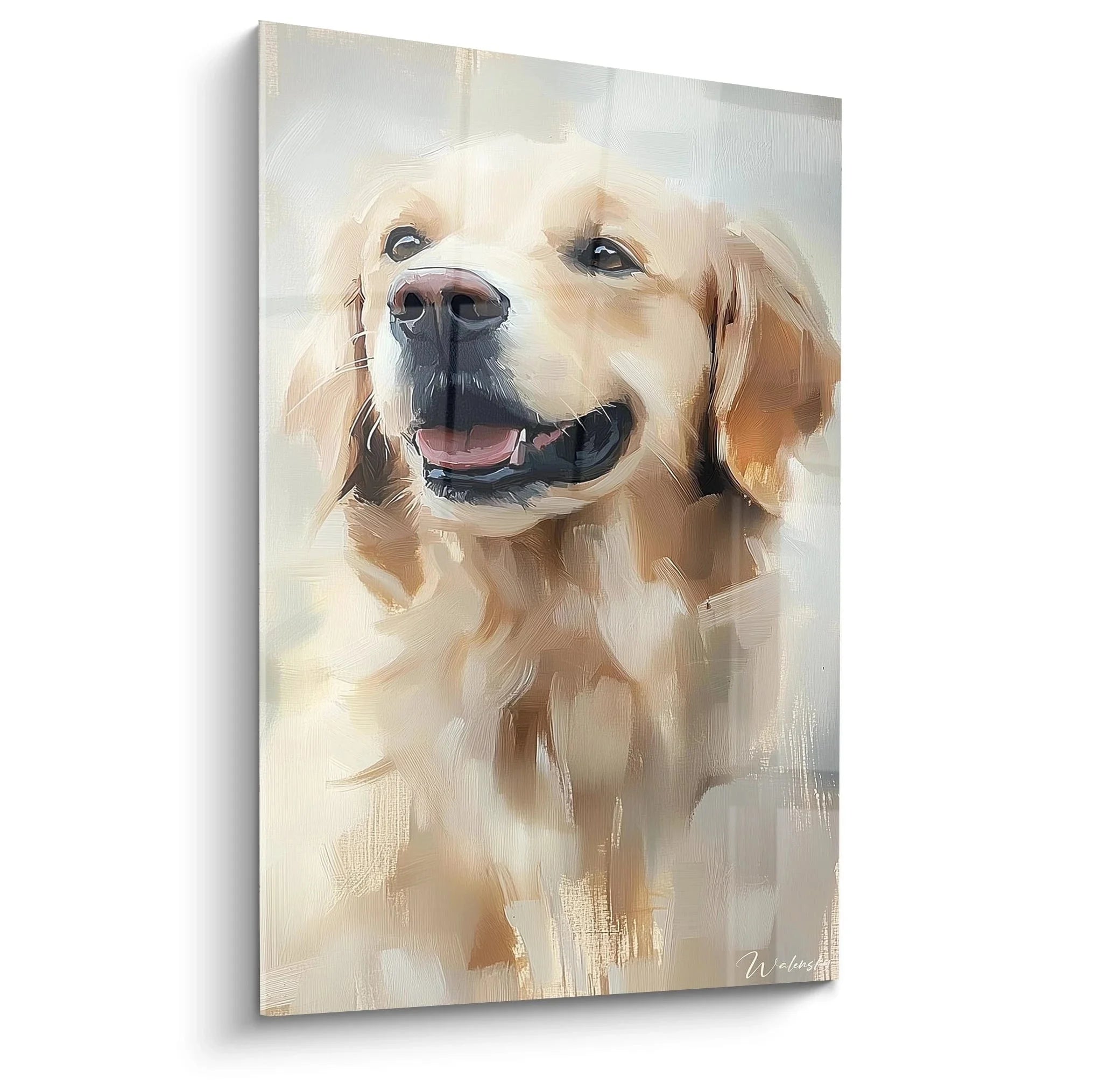 Wandbild Golden Retriever lächelnd - Hunde Wandkunst in warmen Goldtönen für moderne Wanddekoration