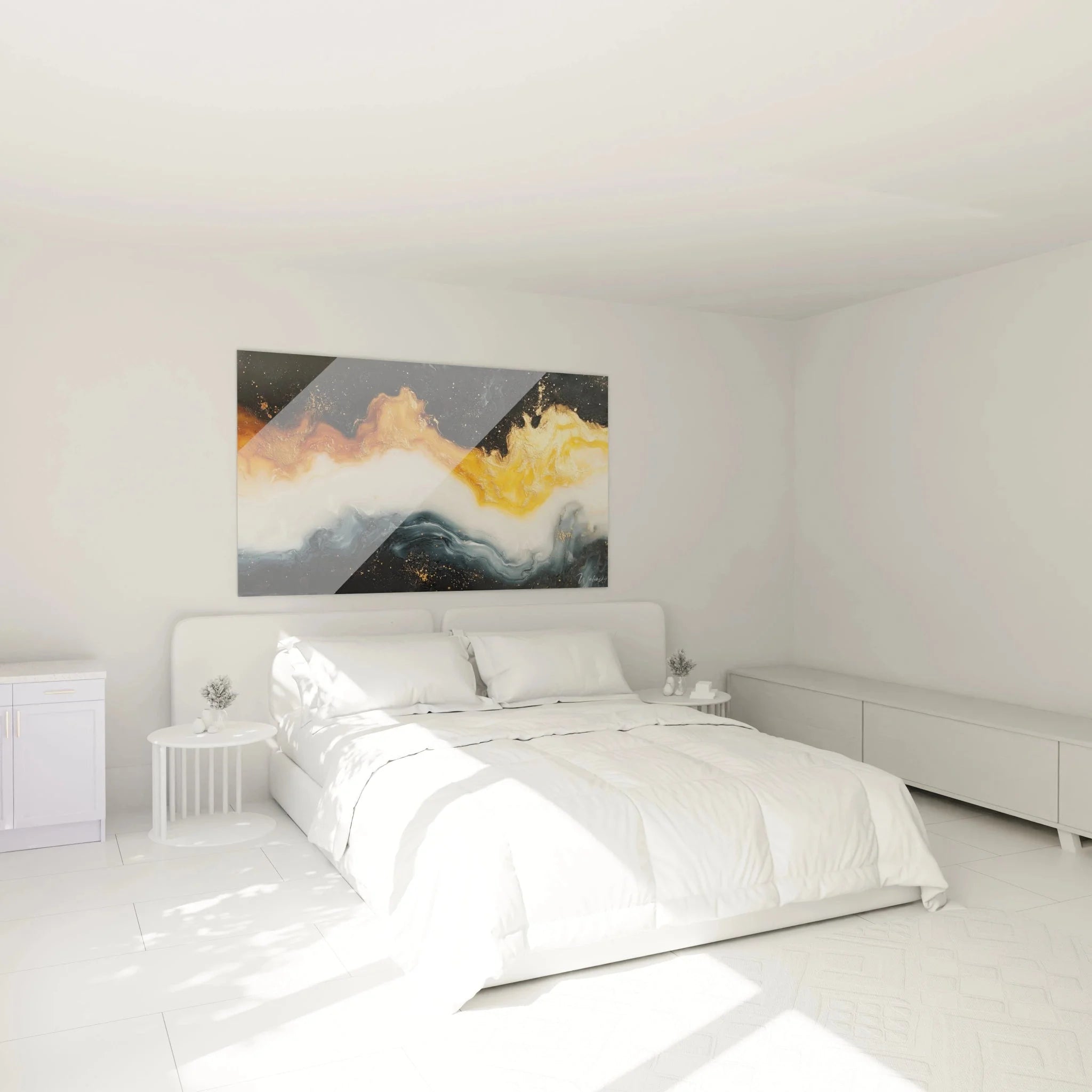 Abstraktes Wandbild mit goldenen Wellen im Schlafzimmer, elegante Malerei-Optik Dekoration