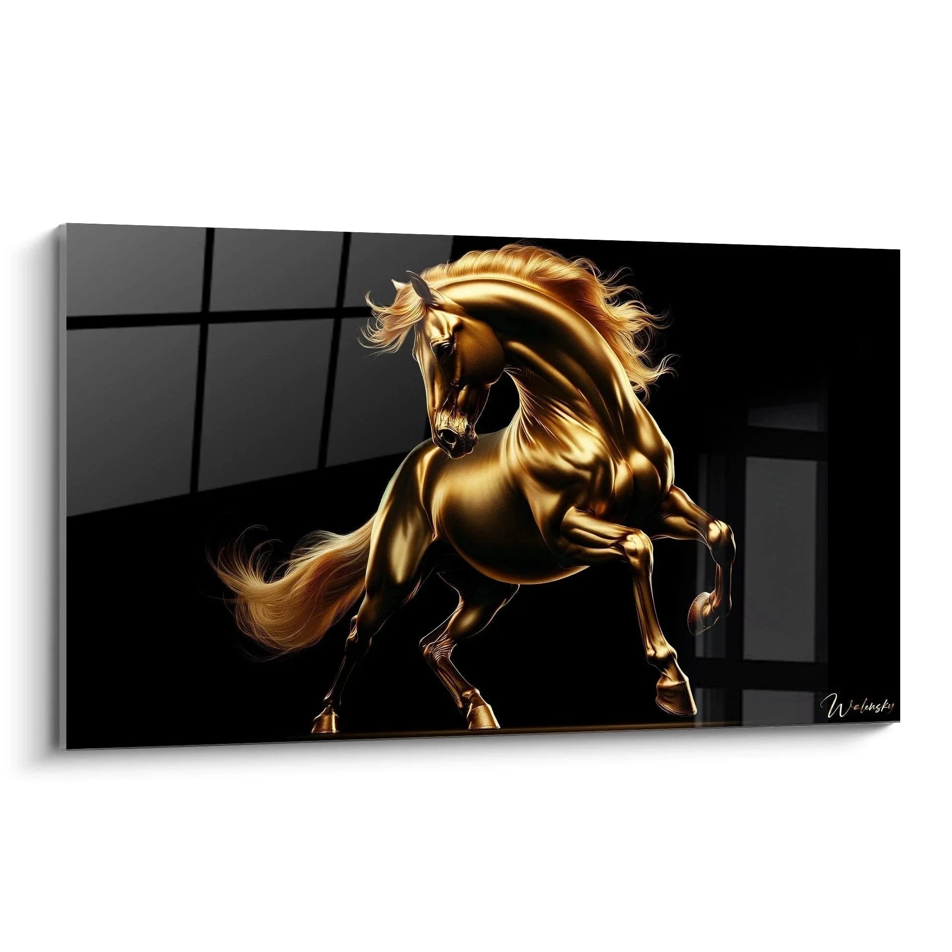 Wandbild goldenes Pferd in Bronze-Optik, majestätischer Hengst steigend mit wallender Mähne