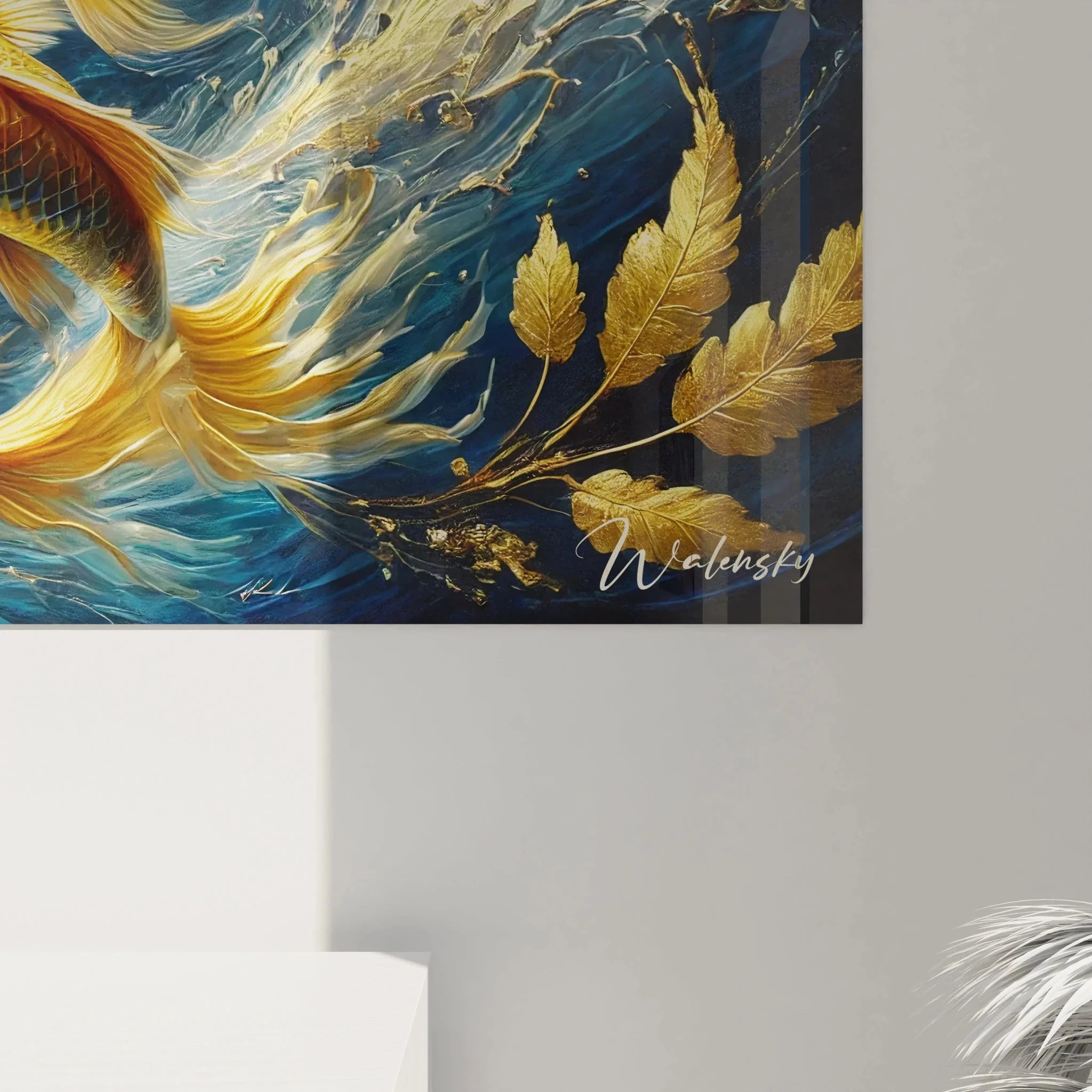 Gesamtansicht Wandbild Goldkarpfen Schwarm, acht Karpfen in harmonischer Kreisformation im Strudel