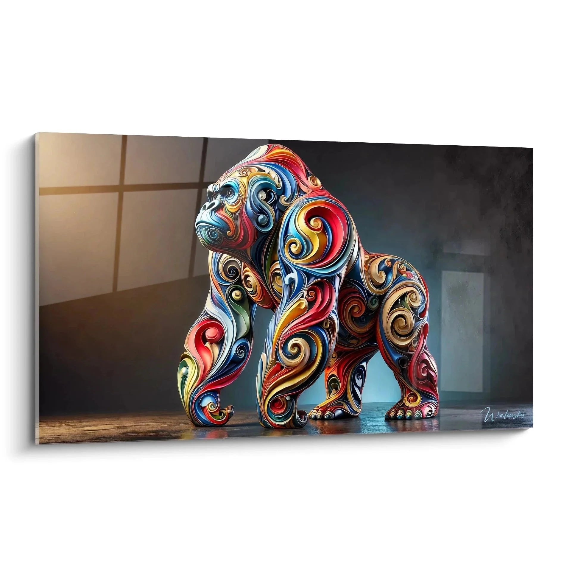 Buntes Wandbild Gorilla mit Farbwirbeln und Spiralmustern in XXL Format für moderne Wanddekoration
