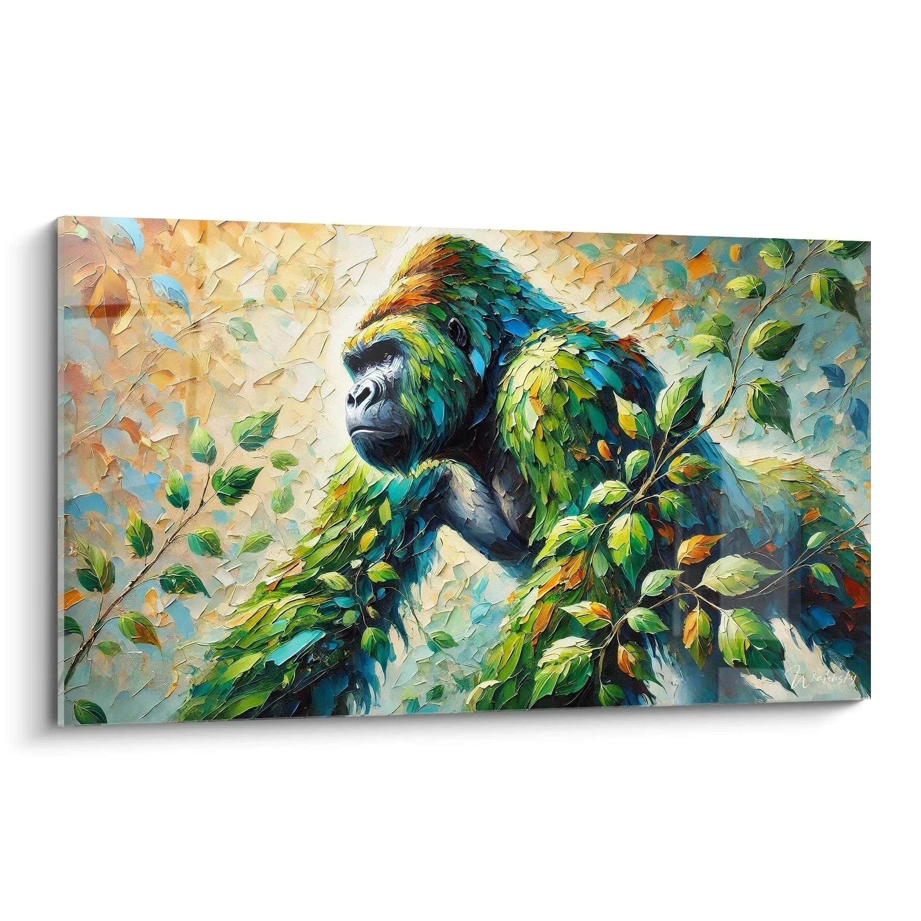 Wandbild Gorilla impressionistisch mit grünen Blättern - majestätischer Primat Kunstdruck
