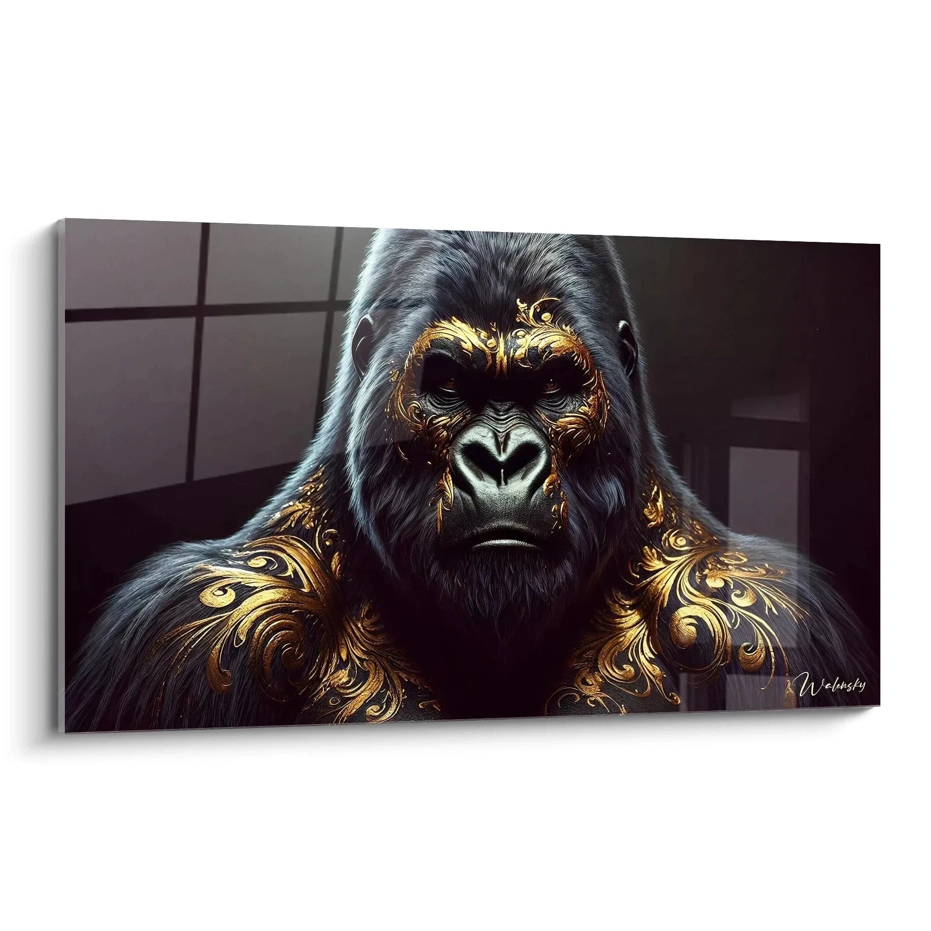 Wandbild Gorilla mit goldenen barocken Ornamenten - majestätischer Silberrücken Kunstdruck