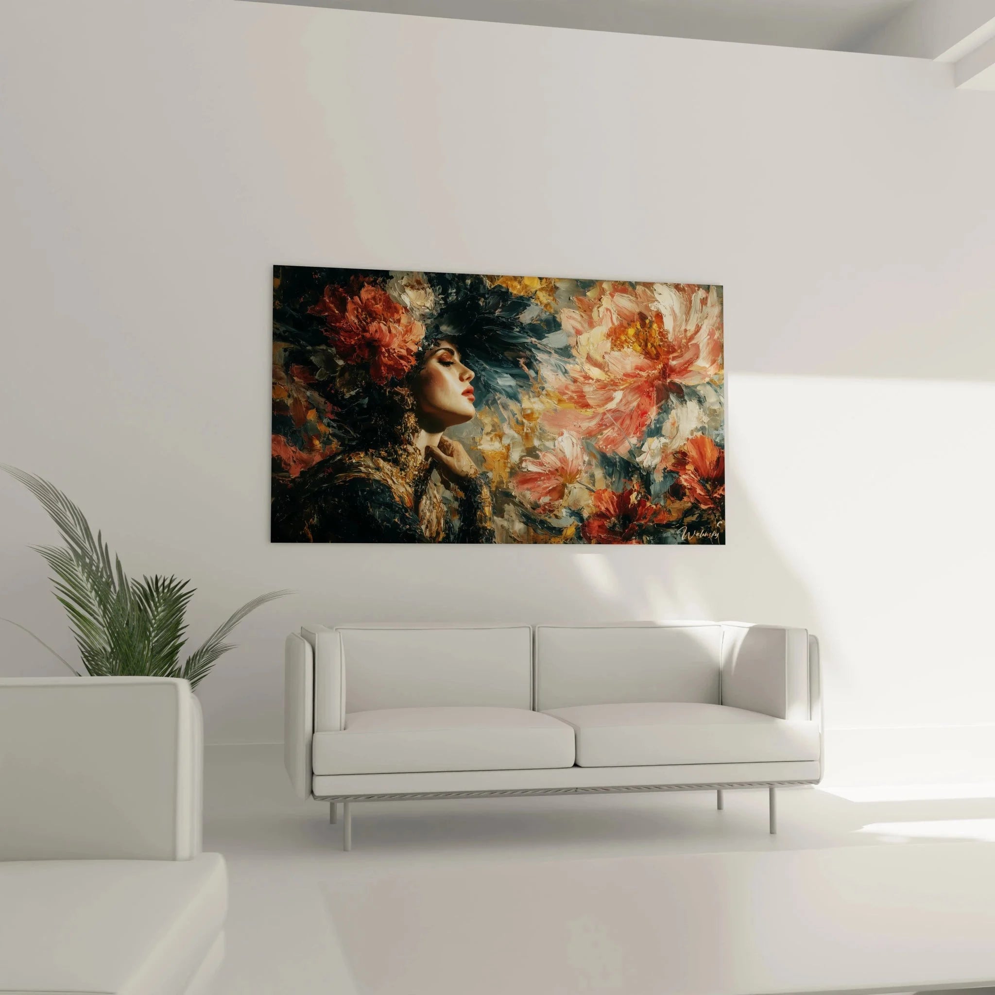 Detailansicht gotisches Wandbild zeigt Frauengesicht und prachtvolle rosa Blüten in Nahaufnahme