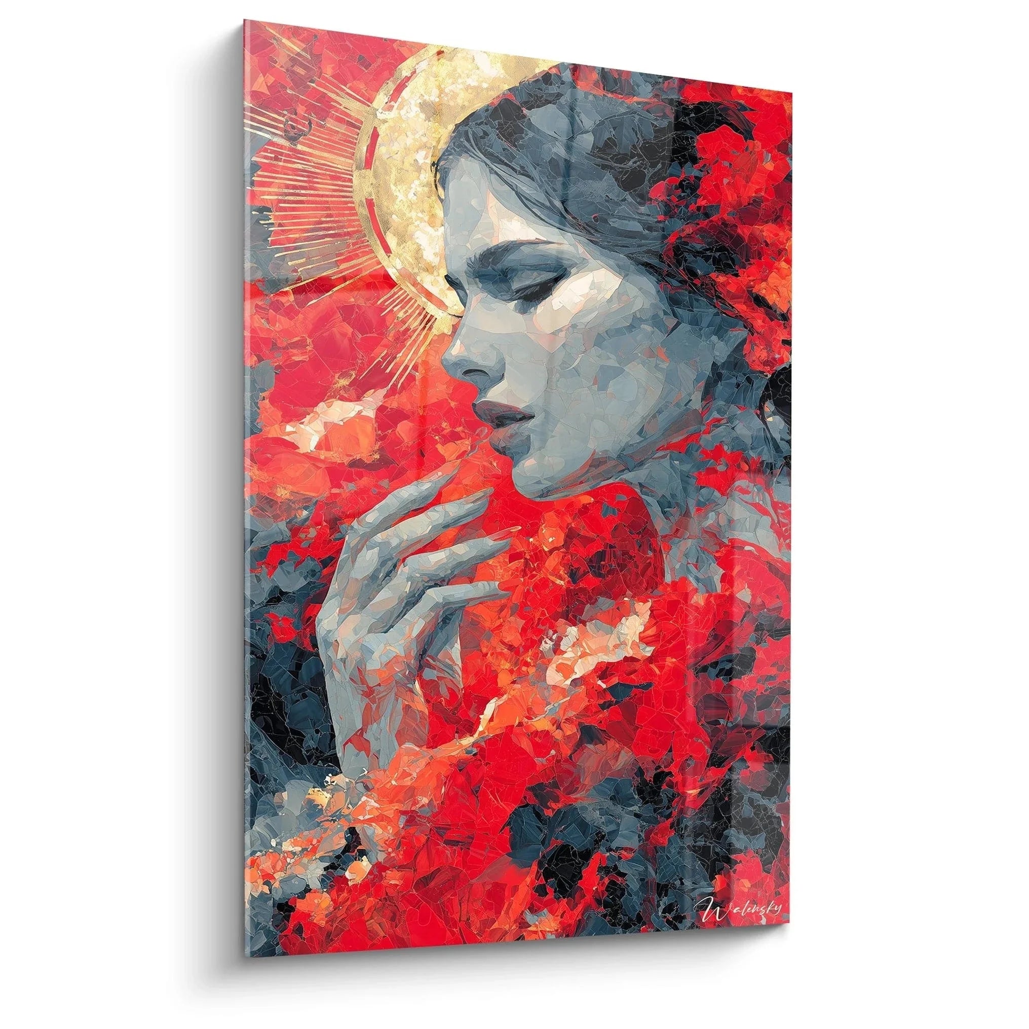 Gotisches Wandbild Frau mit goldenem Heiligenschein in rot-grauer Farbpalette, mystische Kunstdekoration
