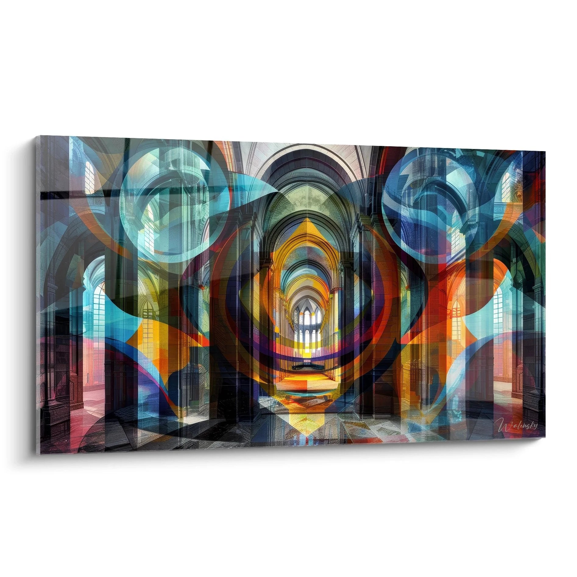 Wandbild Gotik Kathedrale mit prismatischen Lichteffekten und geometrischen Formen in bunten Farben