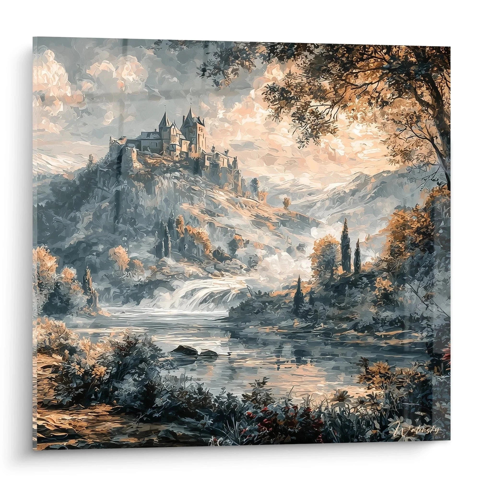 Gotisches Wandbild mit mittelalterlicher Burg auf Felsen über herbstlichem Flusstal - Edition Gotik