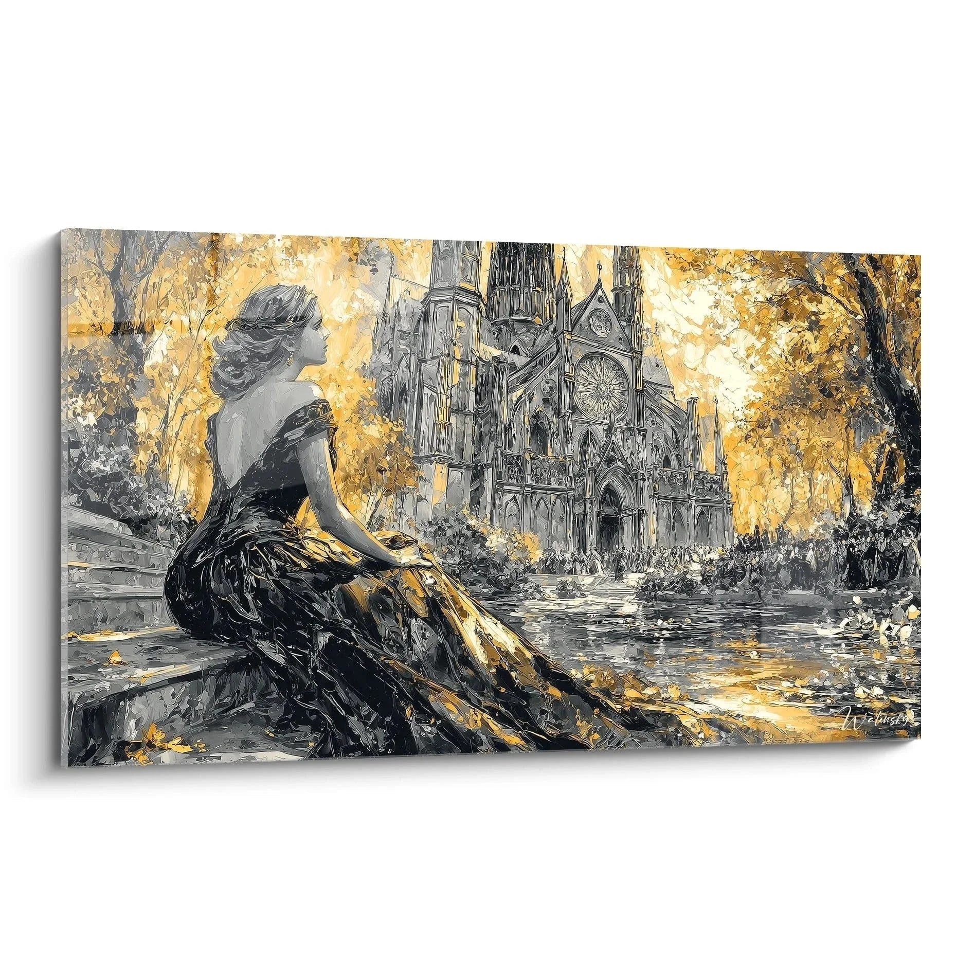 Wandbild gotische Dame vor Kathedrale in Grau und Gold - Gotik Kunstdruck XXL melancholische Atmosphäre