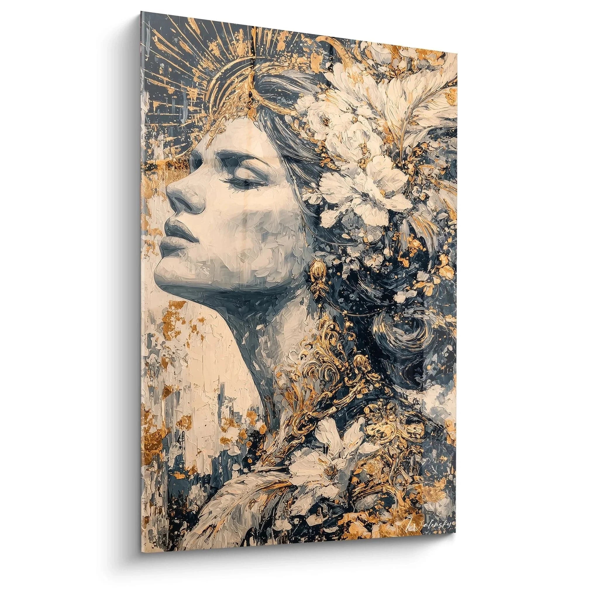 Wandbild gotische Frau mit goldenen Blumen im Profil - Gothic Art Edition Gotik