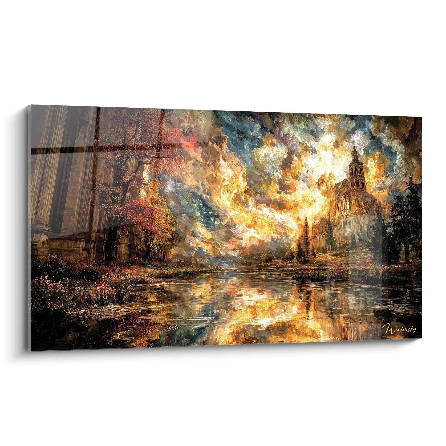 Wandbild gotische Kathedrale mit dramatischem Himmel und Spiegelung im Wasser - Edition Gotik Wanddekoration