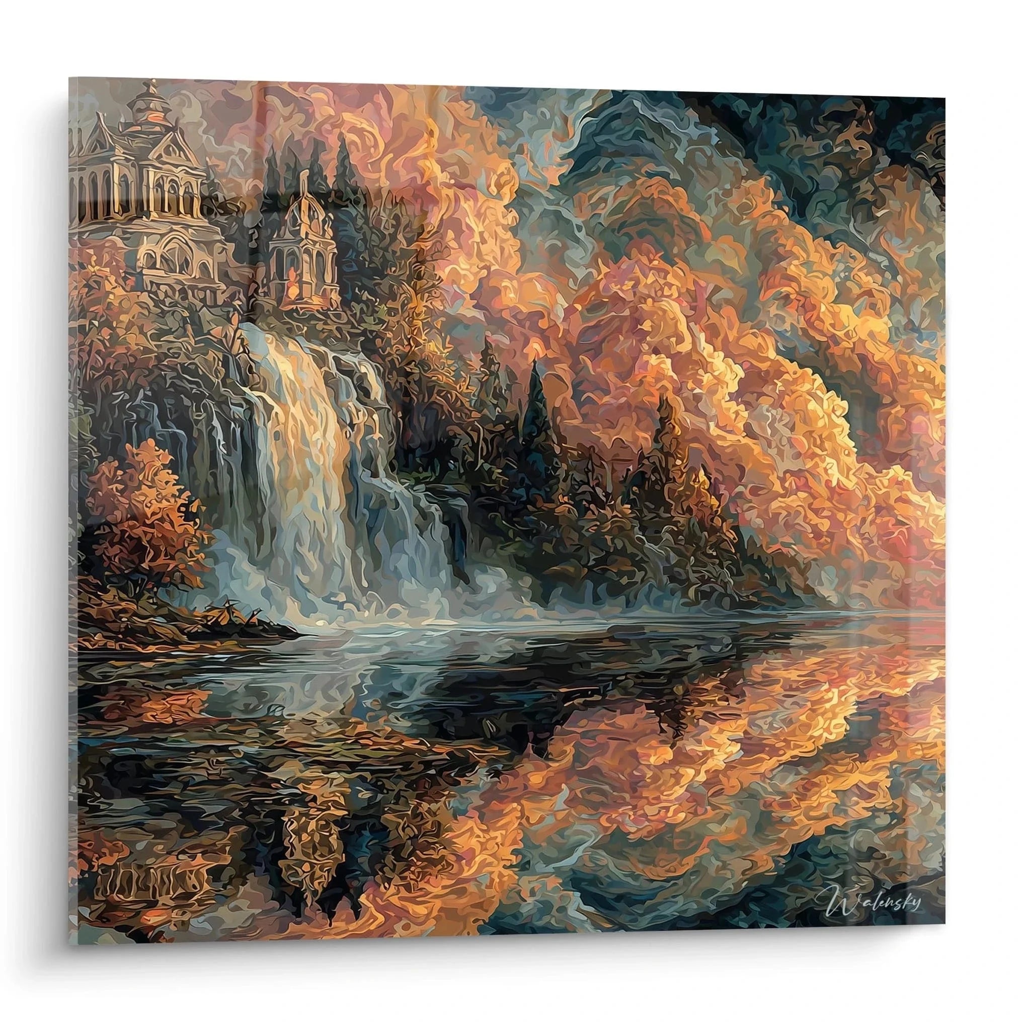 Wandbild gotische Kathedrale mit Herbstlandschaft und Wasserfall in warmen Farbtönen - Edition Gotik