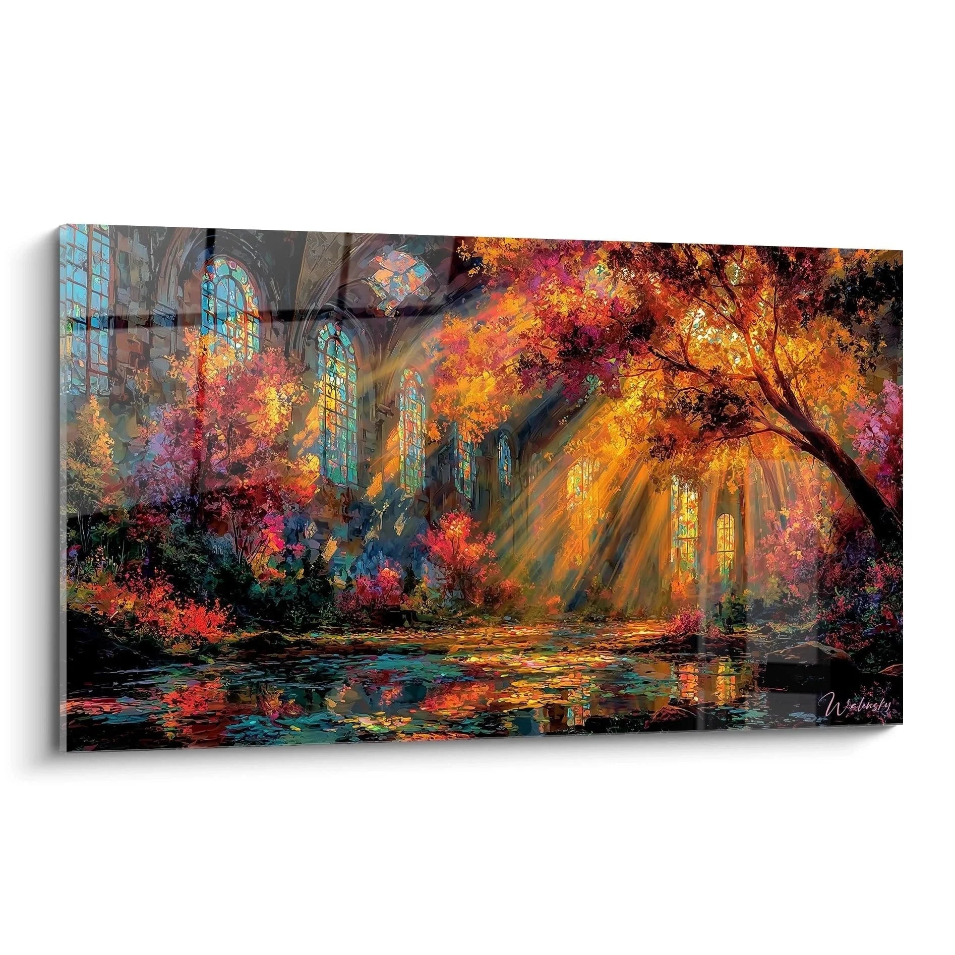 Wandbild gotische Kathedrale mit Herbstlicht durch bunte Kirchenfenster und Herbstbäumen