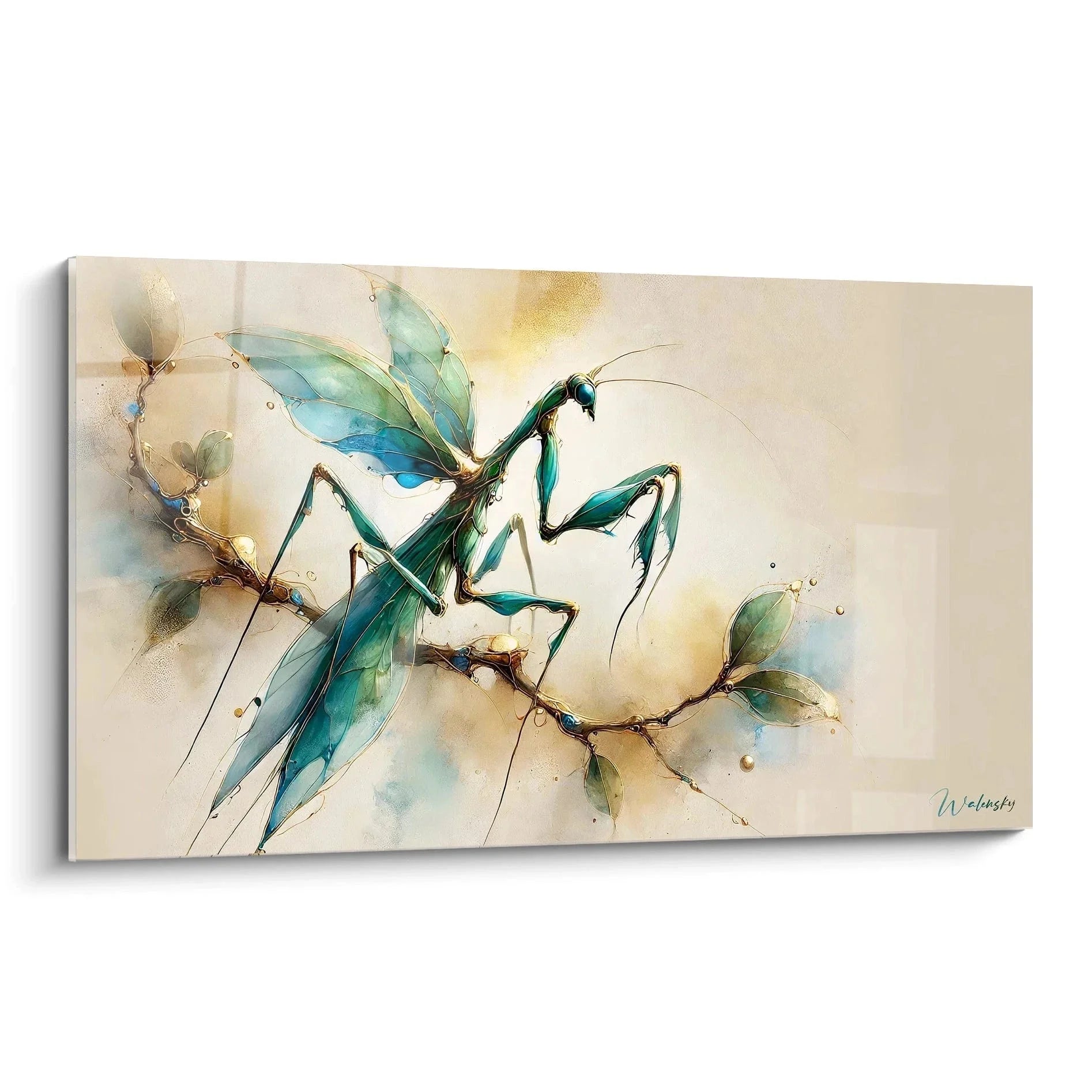 Wandbild Gottesanbeterin in Aquarelltechnik mit türkis-grünen Tönen auf hellem Hintergrund