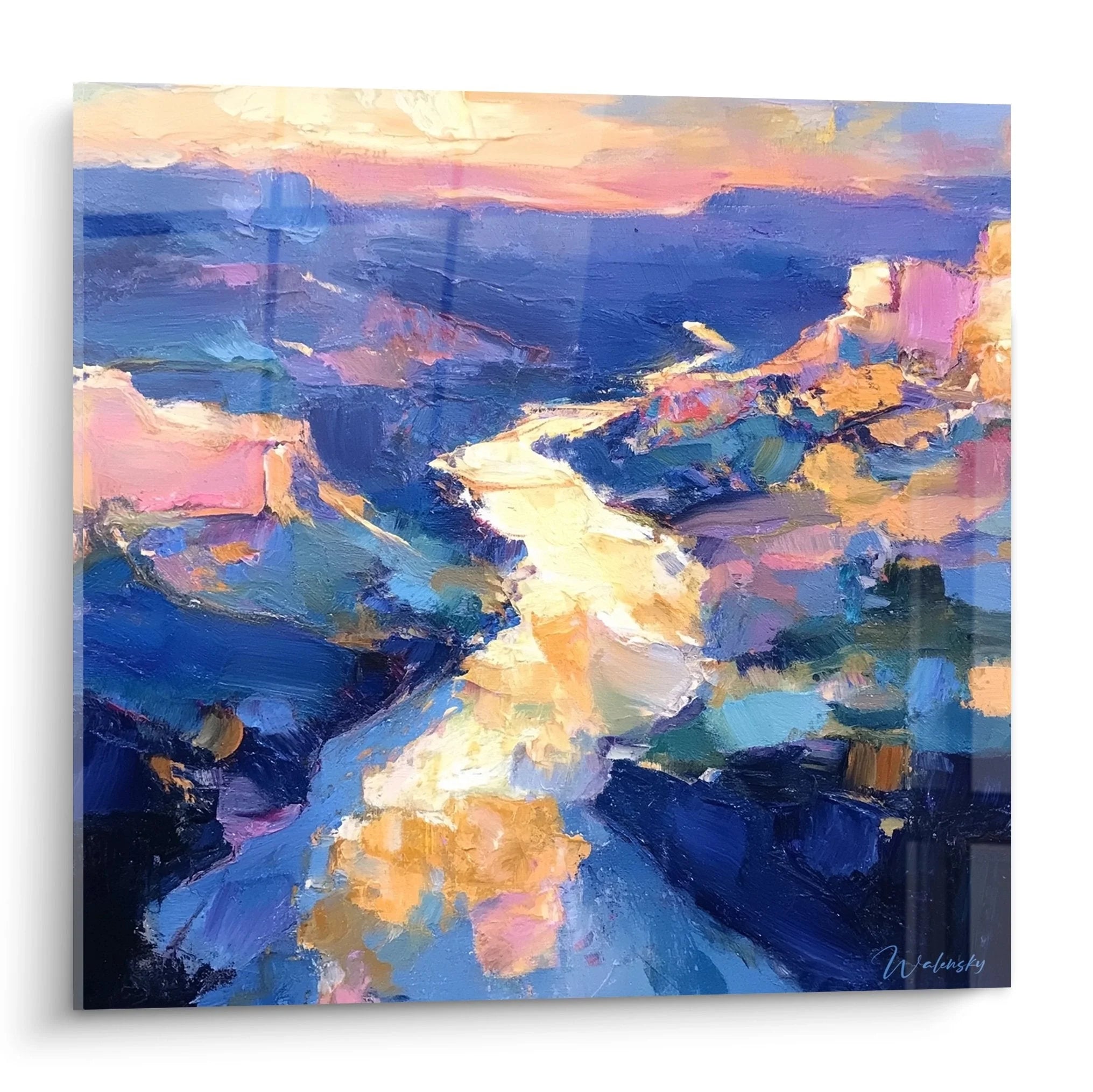 Wandbild Grand Canyon Sonnenuntergang impressionistisch gemalt in warmen Orange und Blautönen