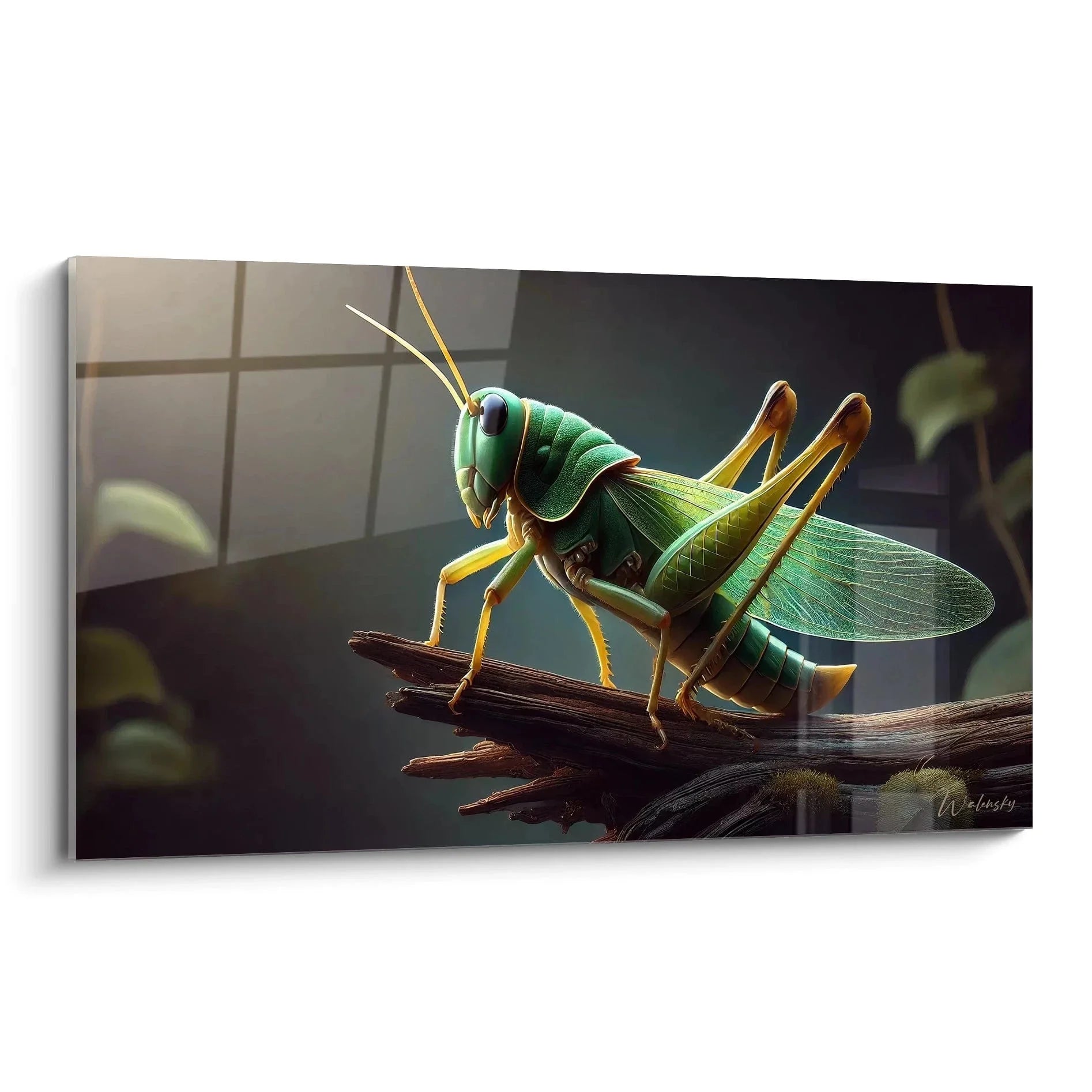 Wandbild Grashüpfer XXL - Majestätische grüne Heuschrecke auf Holzast in Makrofotografie Qualität