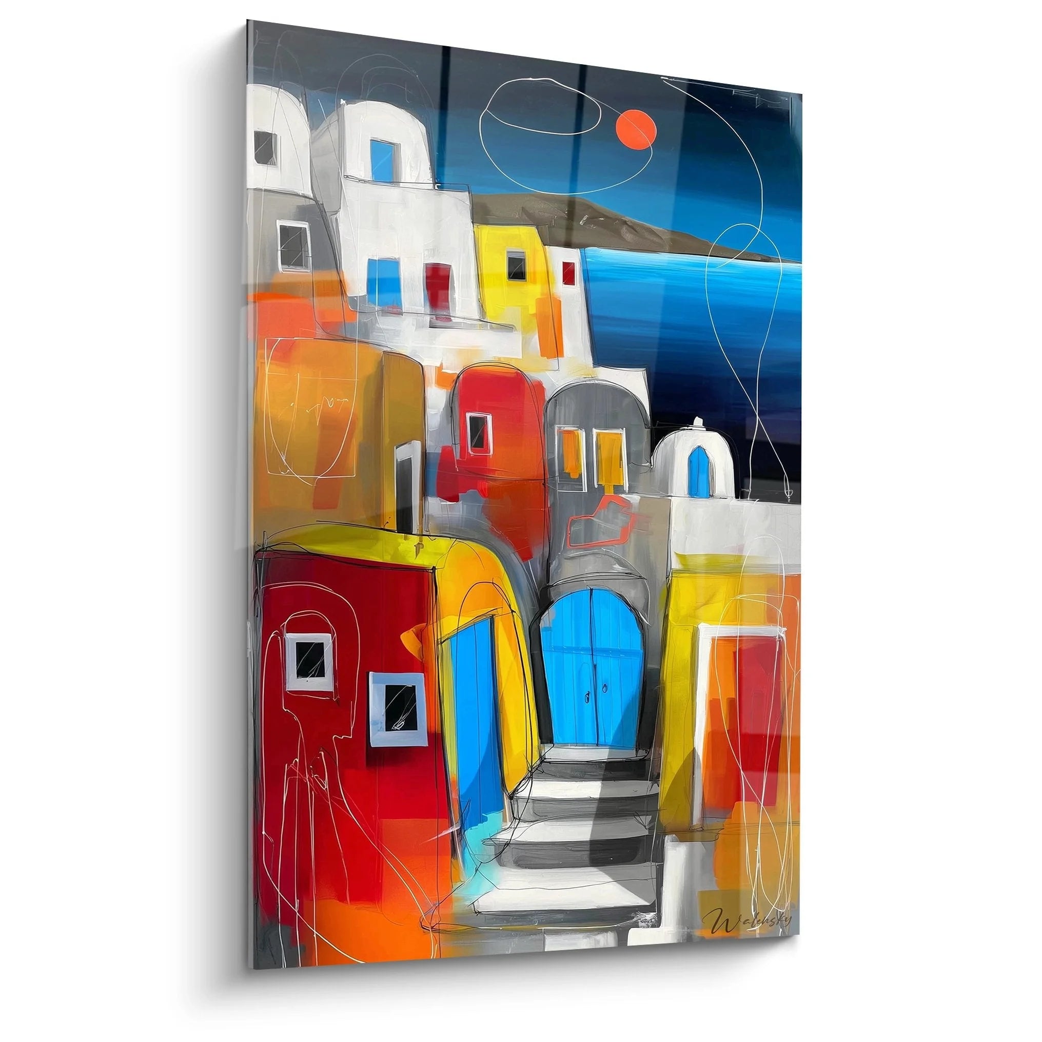 Wandbild griechische Inselarchitektur mit bunten mediterranen Häusern in abstraktem Stil