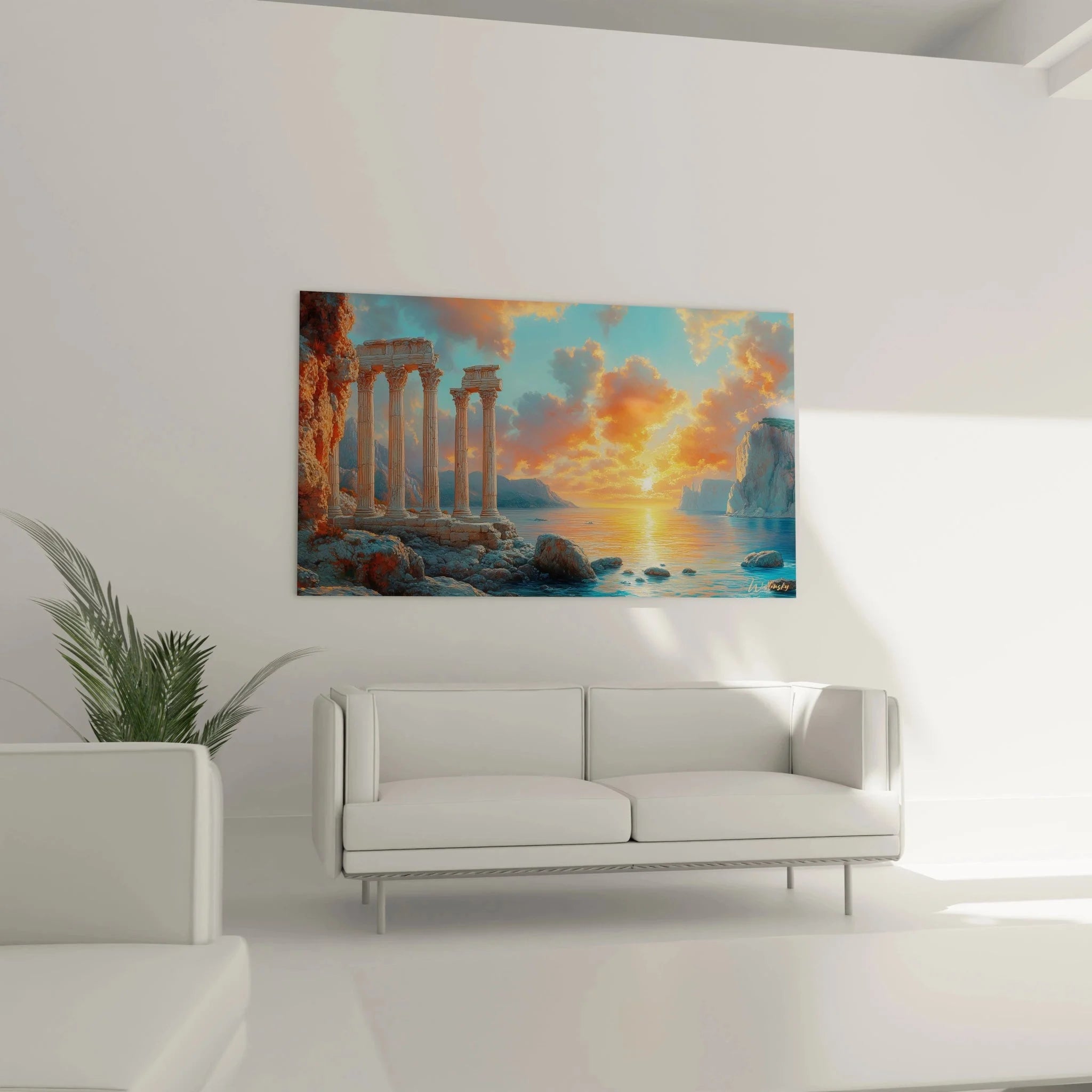 Detailansicht Wandbild griechische Säulen mit goldenen Sonnenstrahlen und antiker Tempelarchitektur