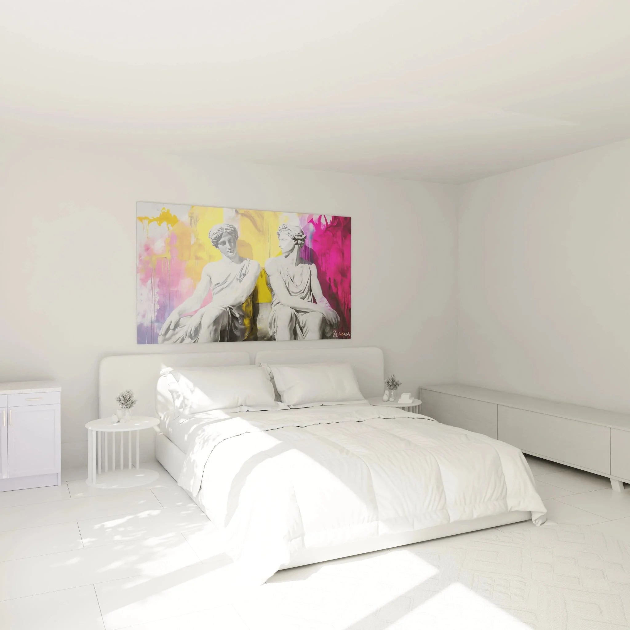 Elegantes Wandbild antike Statuen als Wanddekoration im modernen Schlafzimmer Ambiente