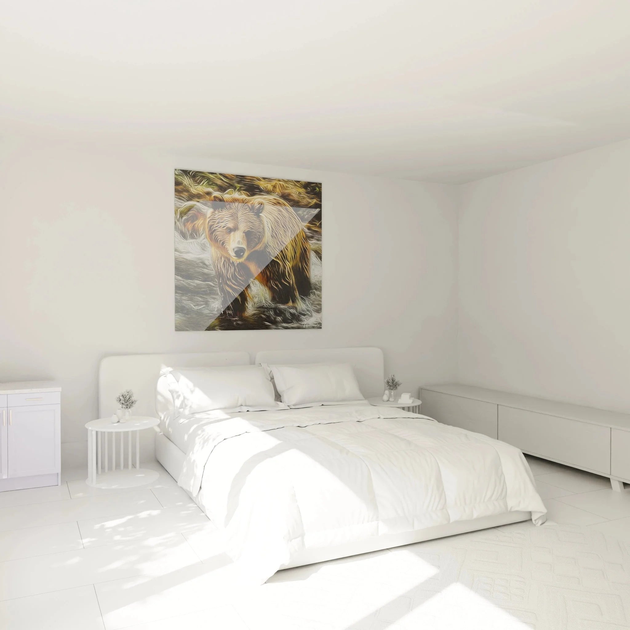 Wandbild Grizzly Bär in elegantem Schlafzimmer als stilvolle Wanddekoration mit natürlichen Farbtönen