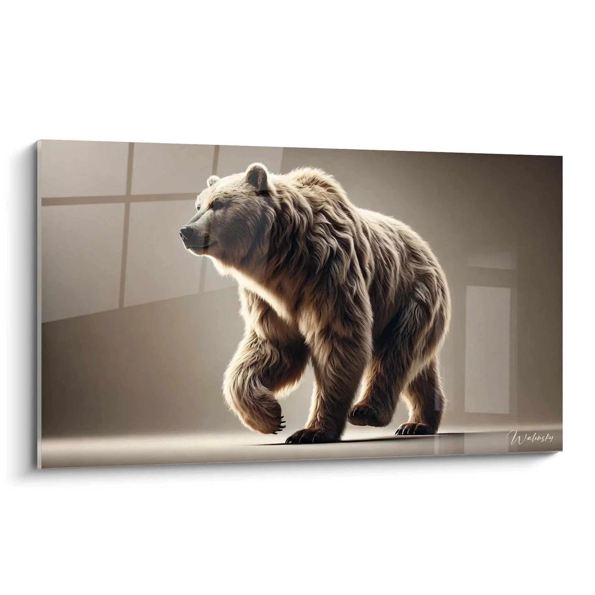 Wandbild Grizzlybär majestätisch im warmen Licht, braunes Fell schimmernd, kraftvolle Seitenansicht