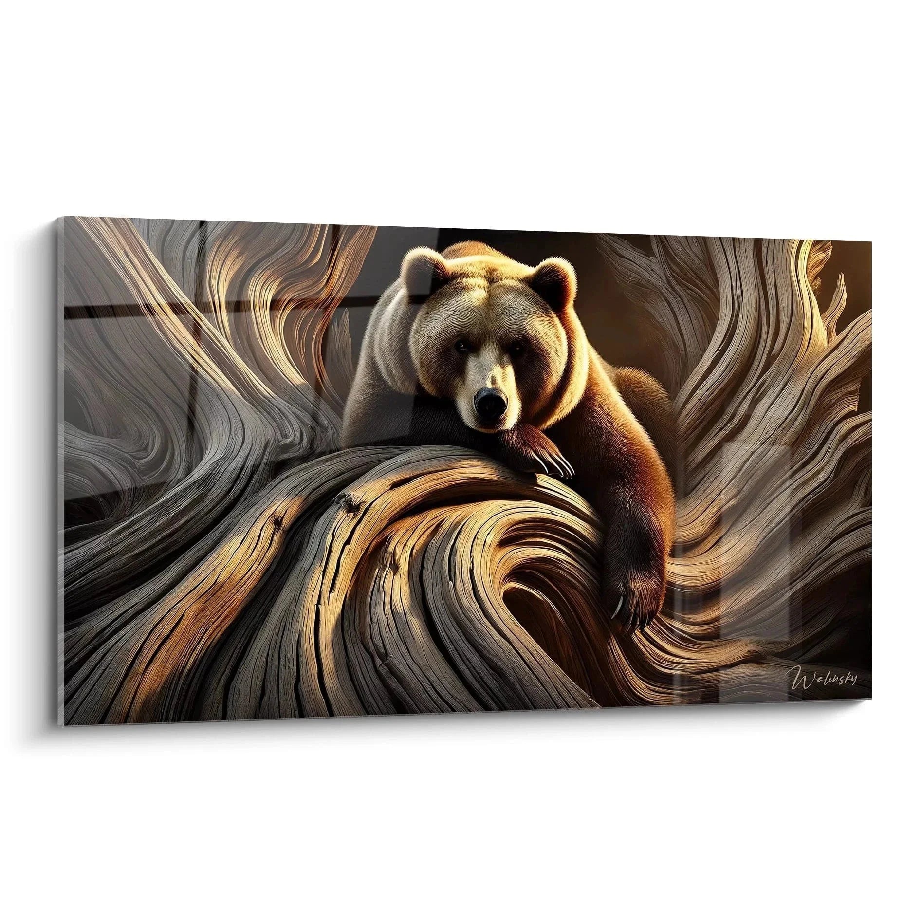 Wandbild Grizzlybär in wirbelnden Holzstrukturen - Edition Grizzlybär Kunstdruck für moderne Wanddekoration