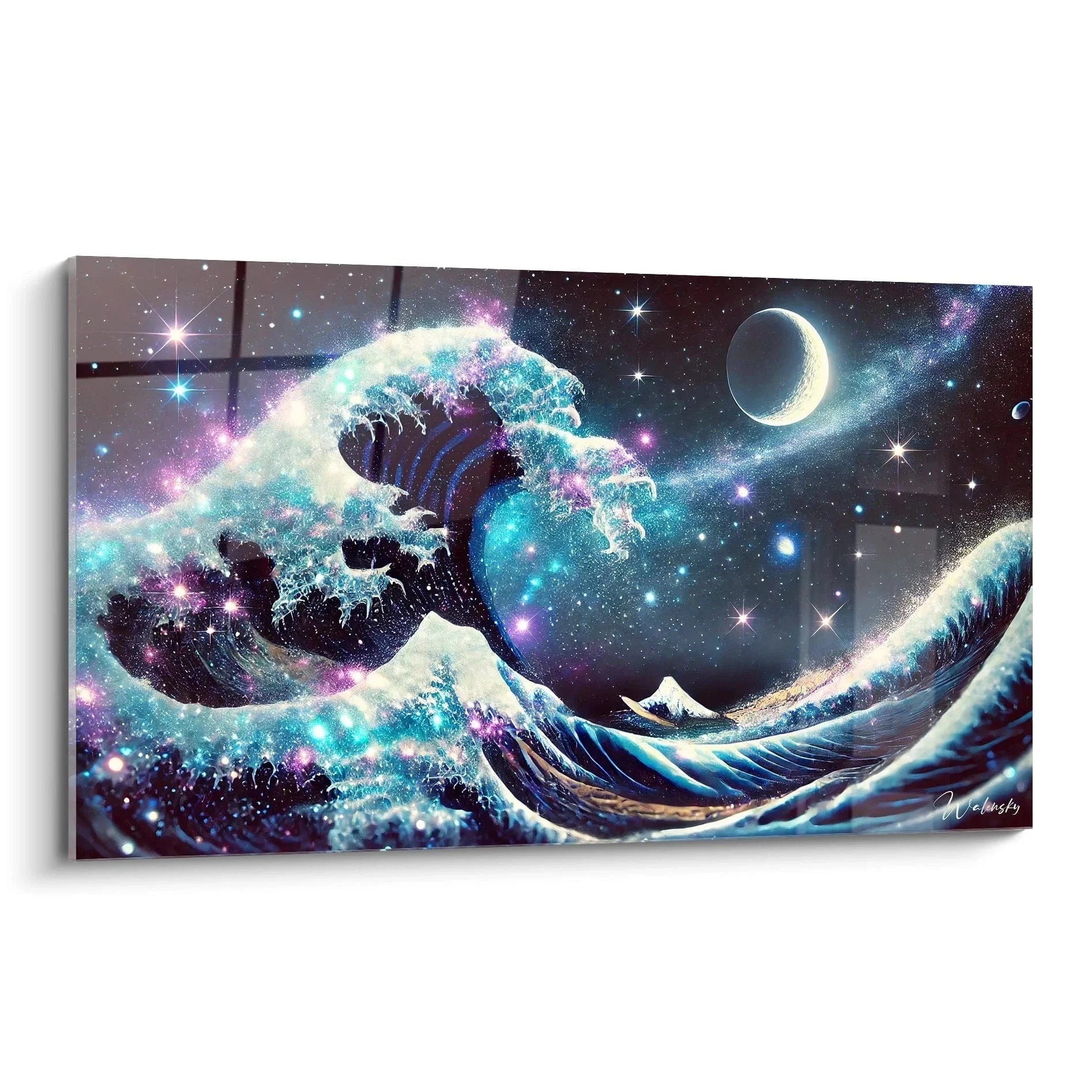 Wandbild Große Welle im Weltall mit Sternen und Galaxien in türkis-violetten Farbtönen