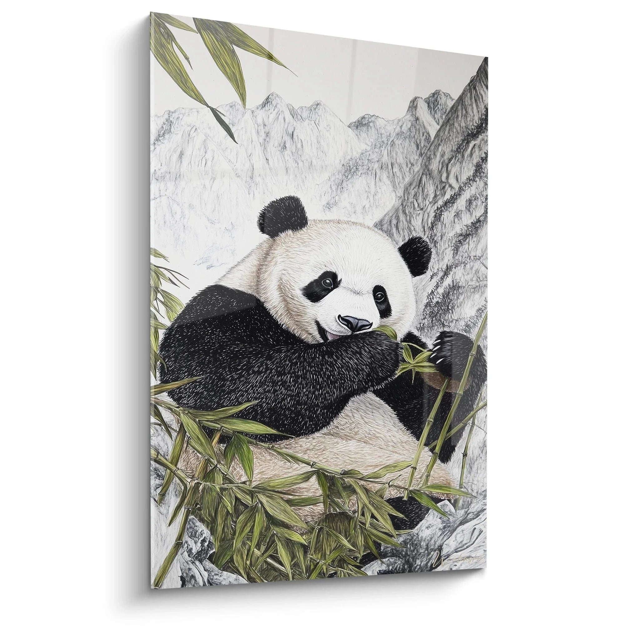 Wandbild Großer Panda mit Bambus vor Berglandschaft - Edition Großer Panda Kunstdruck