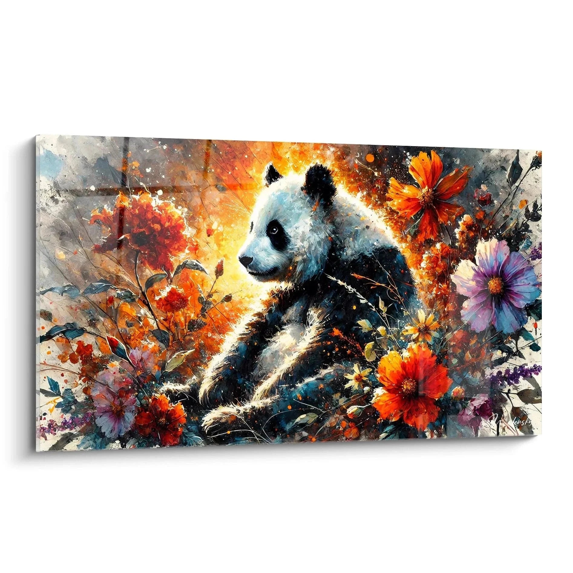 Wandbild Großer Panda im explosiven Blütenmeer mit warmen Farbtönen - Premium Kunstdruck