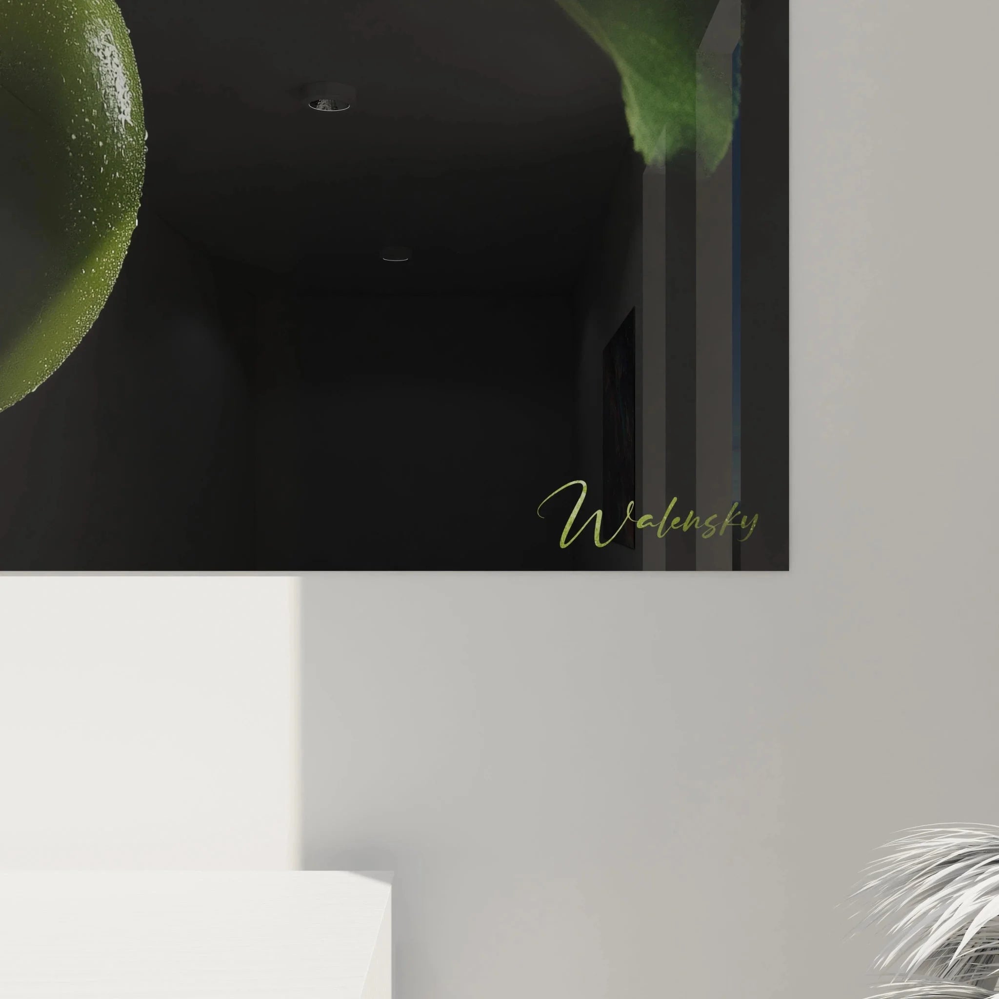 Gesamtansicht Wandbild grüne Birne mit Blättern - komplette botanische Darstellung als Wanddekoration