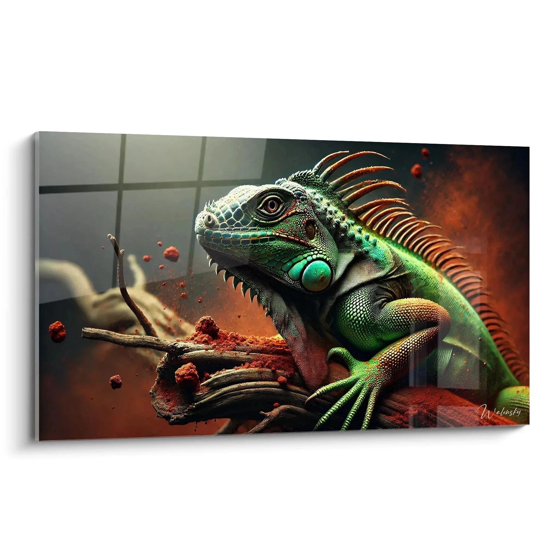 Wandbild grüner Leguan mit majestätischem Blick und detailreicher Schuppenstruktur in natürlicher Umgebung