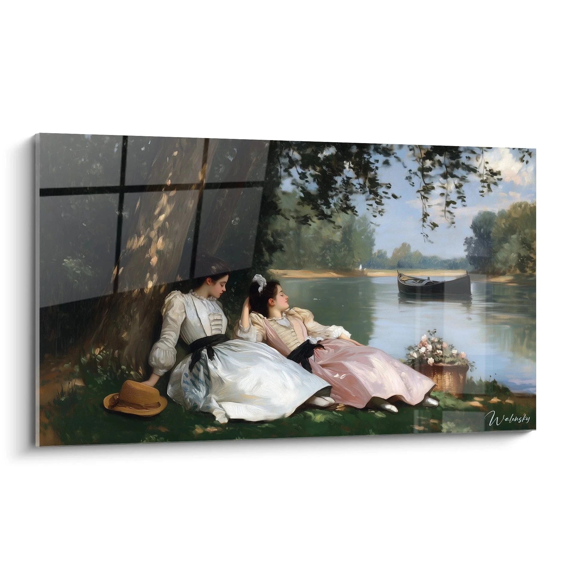 Wandbild Gustave Courbet zwei elegante Frauen in weißen und rosa Kleidern am idyllischen Flussufer unter Baum