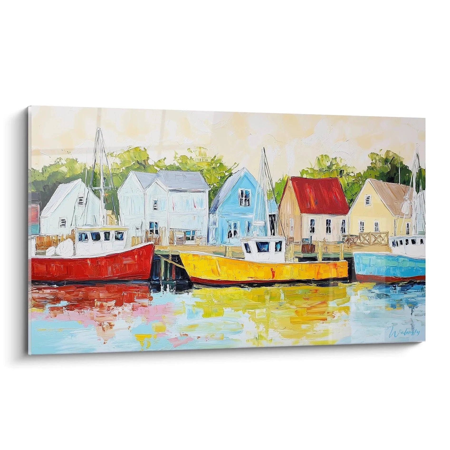 Wandbild Hafen mit bunten Fischerbooten und Häusern - maritime Küstenlandschaft Kunstdruck