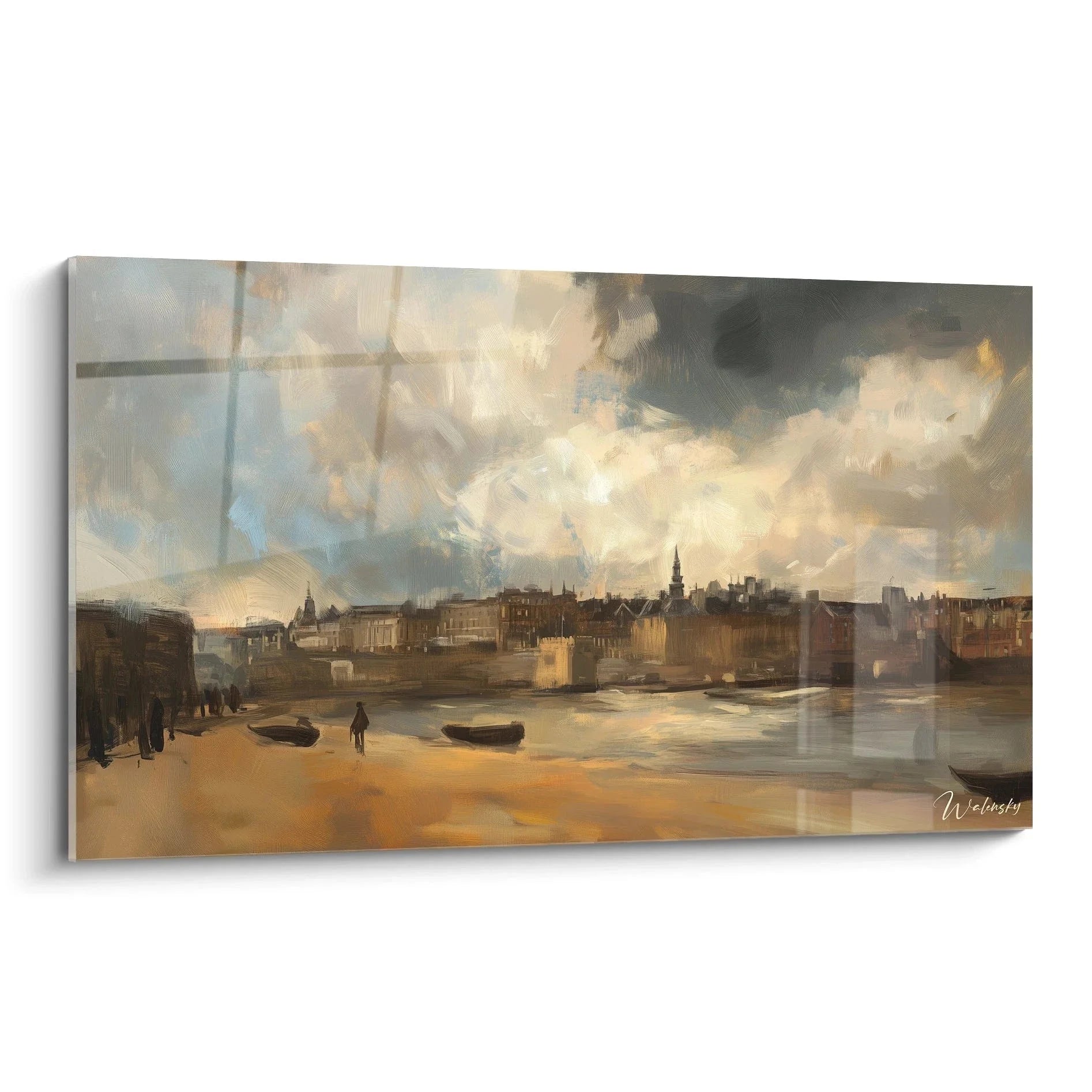 Wandbild Hafenansicht Johannes Vermeer Stil dramatischer Himmel Boote Strand historische Stadt