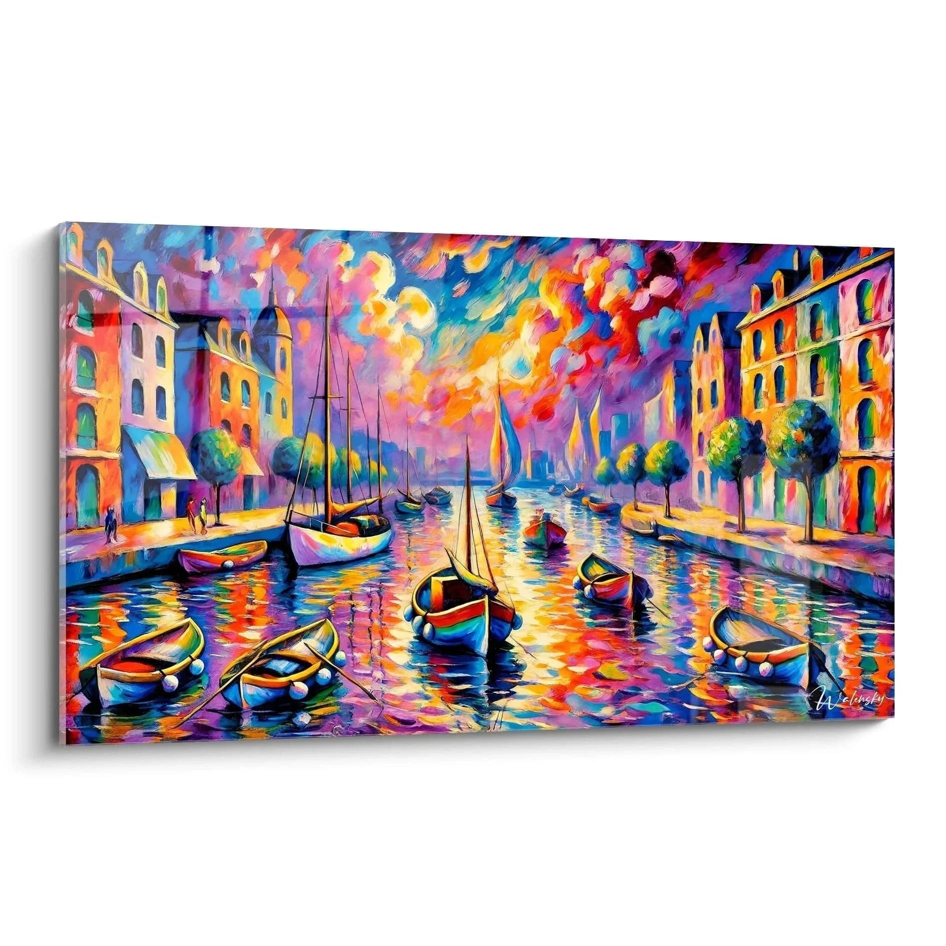 Wandbild Hafenszene Portofino Fauvismus Stil mit bunten Booten und mediterraner Architektur