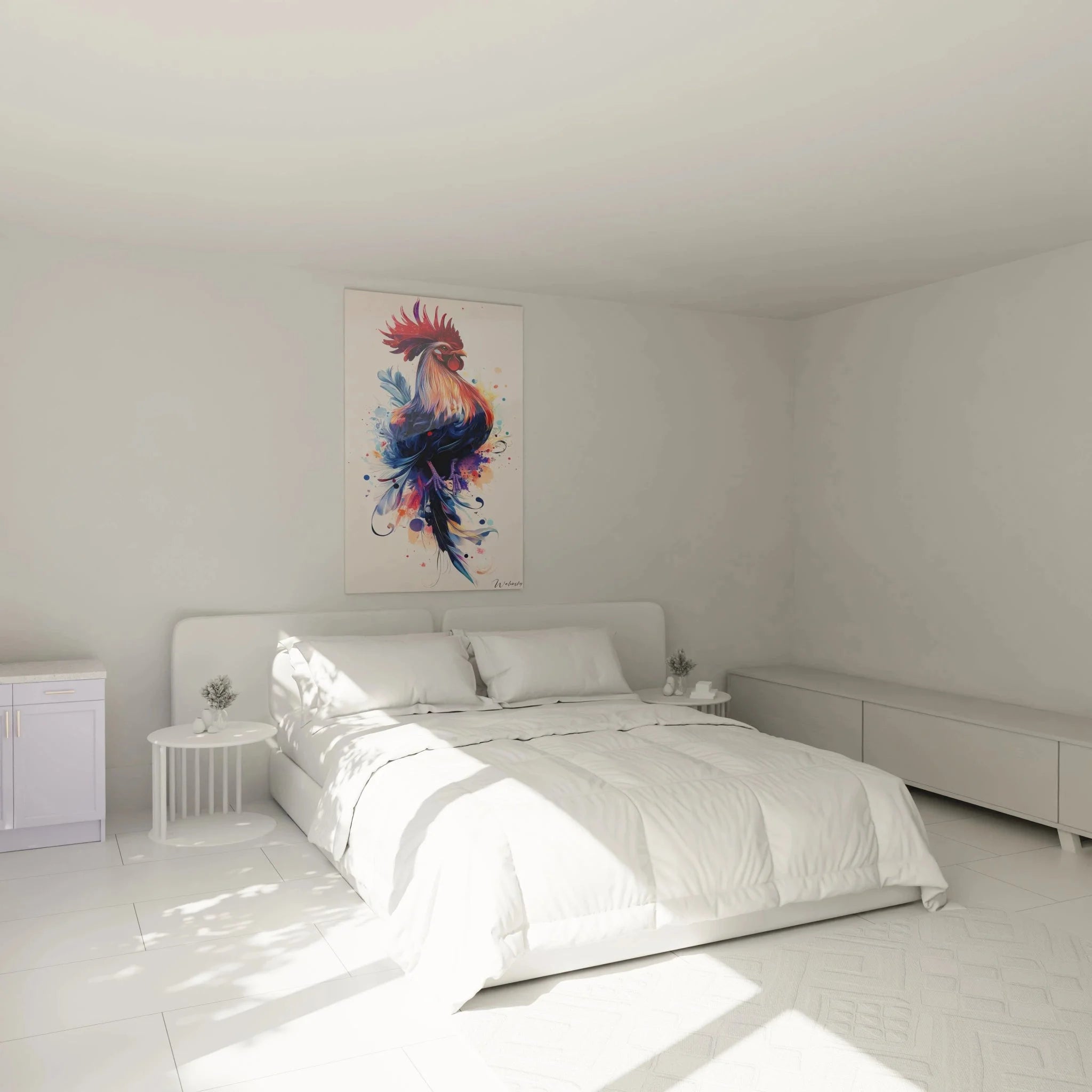 Wandbild Hahn Aquarell als elegante Schlafzimmer Wanddekoration in harmonischen Farbtönen