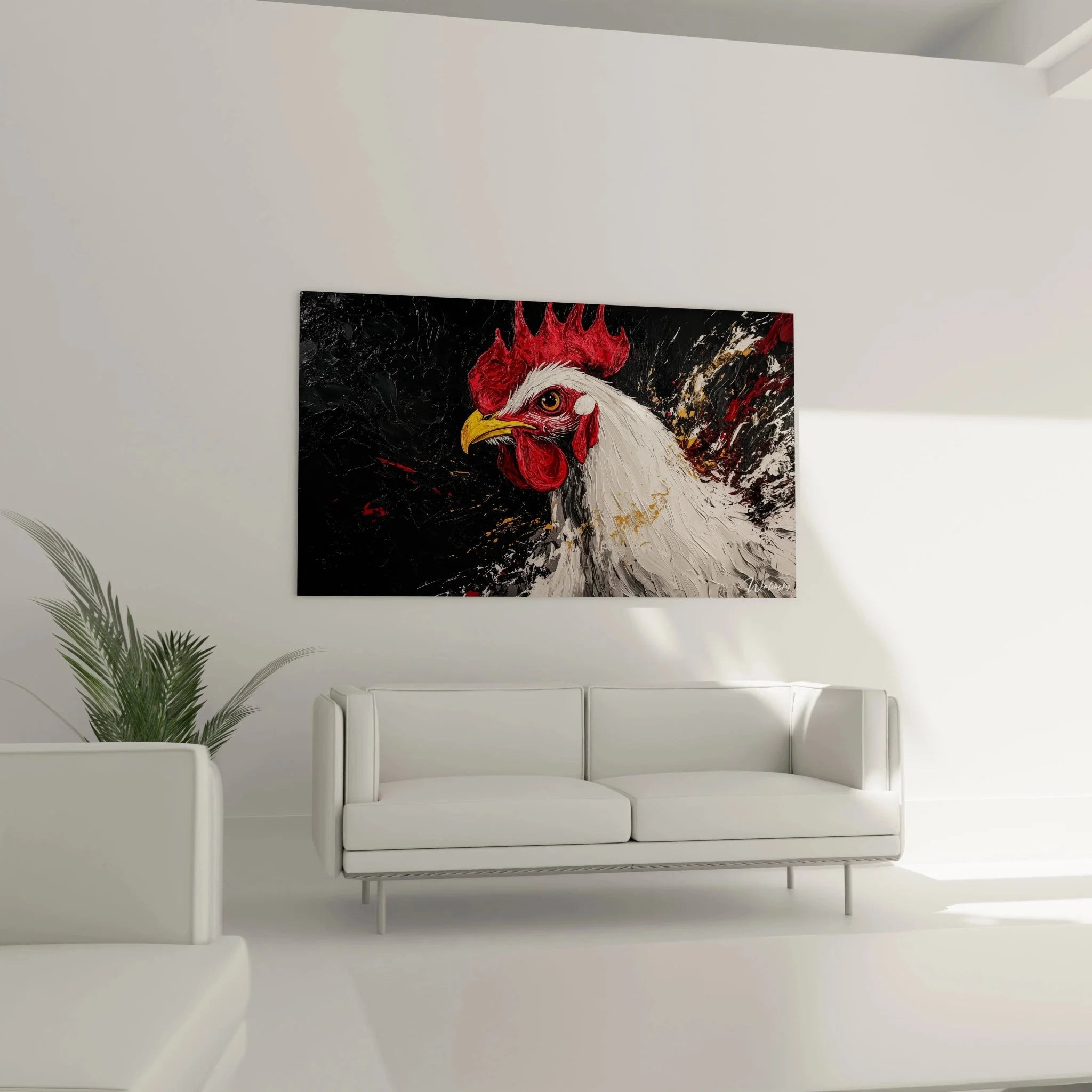 Detailaufnahme Wandbild Hahn - expressiver weißer Hahn mit rotem Kamm und gelbem Schnabel