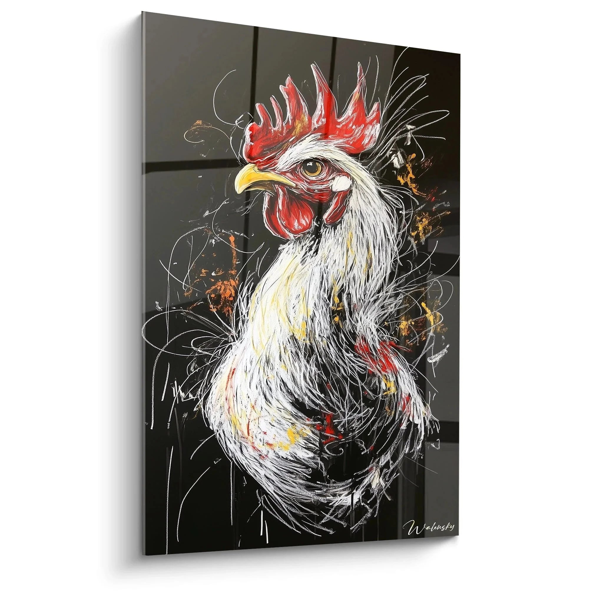 Expressives Wandbild Hahn mit rotem Kamm und weißem Gefieder vor schwarzem Hintergrund