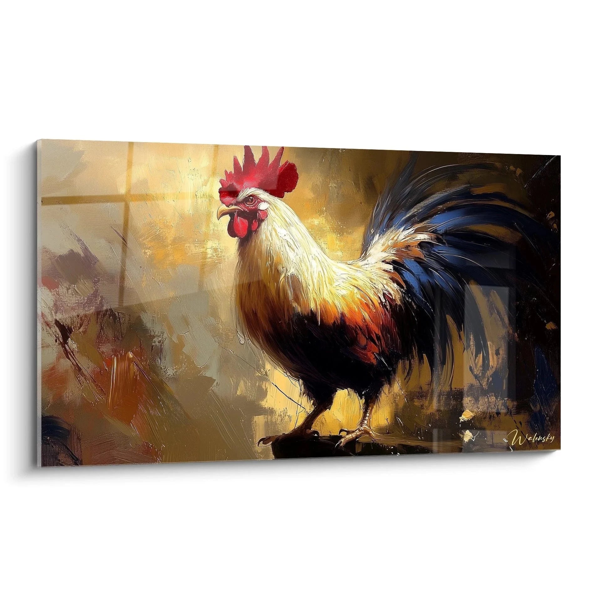 Wandbild Hahn - Majestätischer Gockel mit rotem Kamm in goldenen Tönen, hochwertiger Kunstdruck Edition Hahn