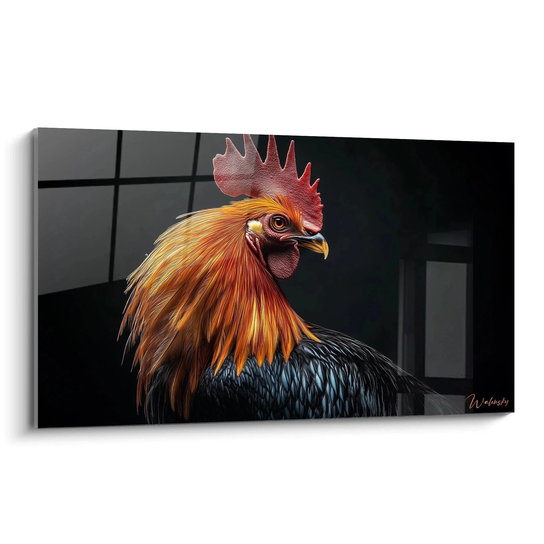 Wandbild Hahn majestätisch mit rotem Kamm und goldenem Gefieder vor modernem dunklem Hintergrund