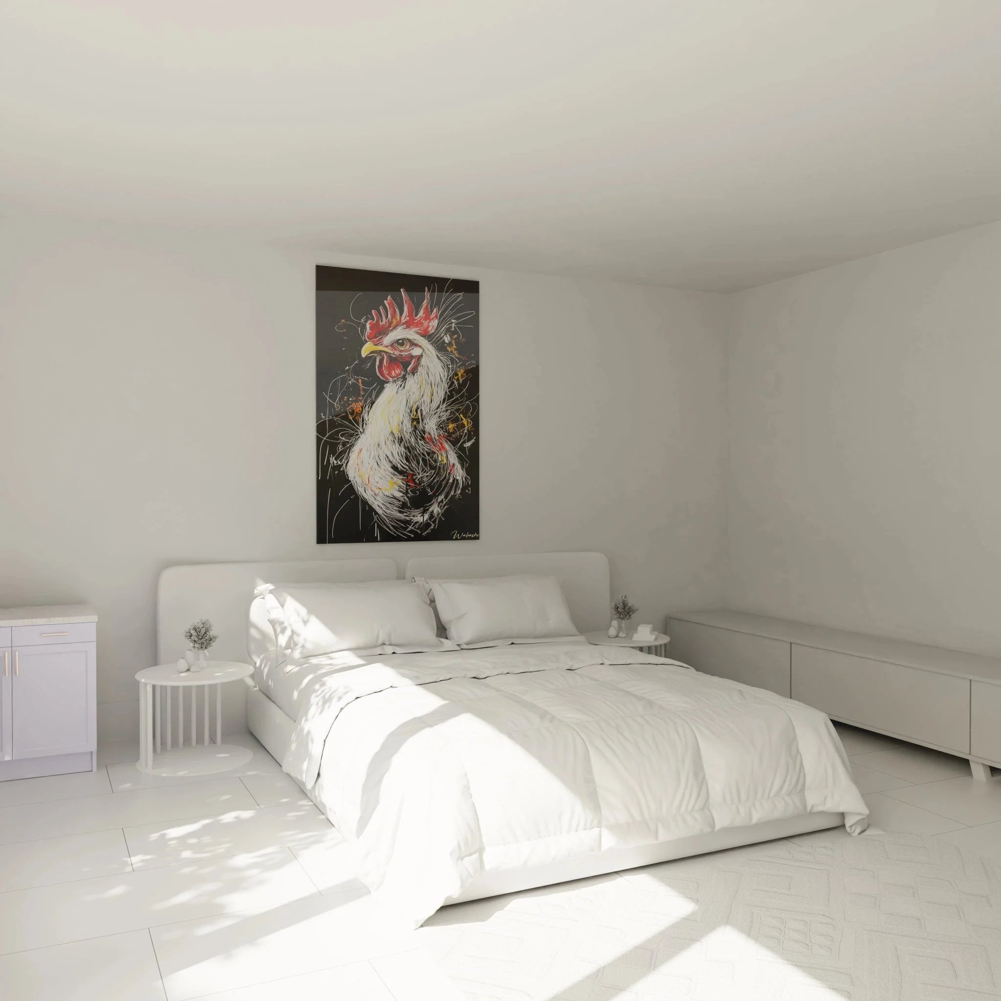 Wandbild Hahn expressionistisch in modernem Schlafzimmer als stilvolle Wanddekoration