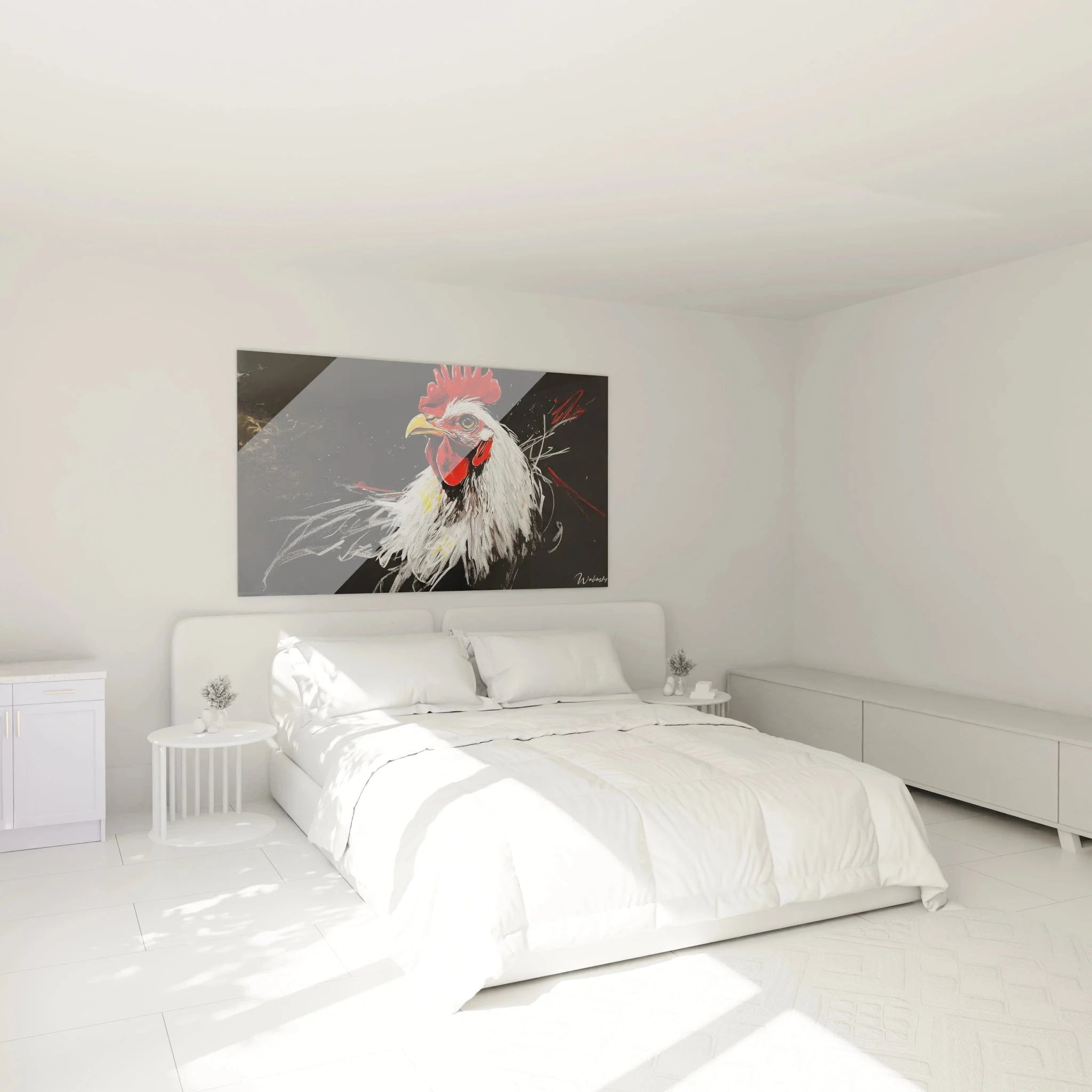 Wandbild Hahn Schlafzimmer Ambiente, weißer Hahn Kunstdruck als Wanddekoration über dem Bett
