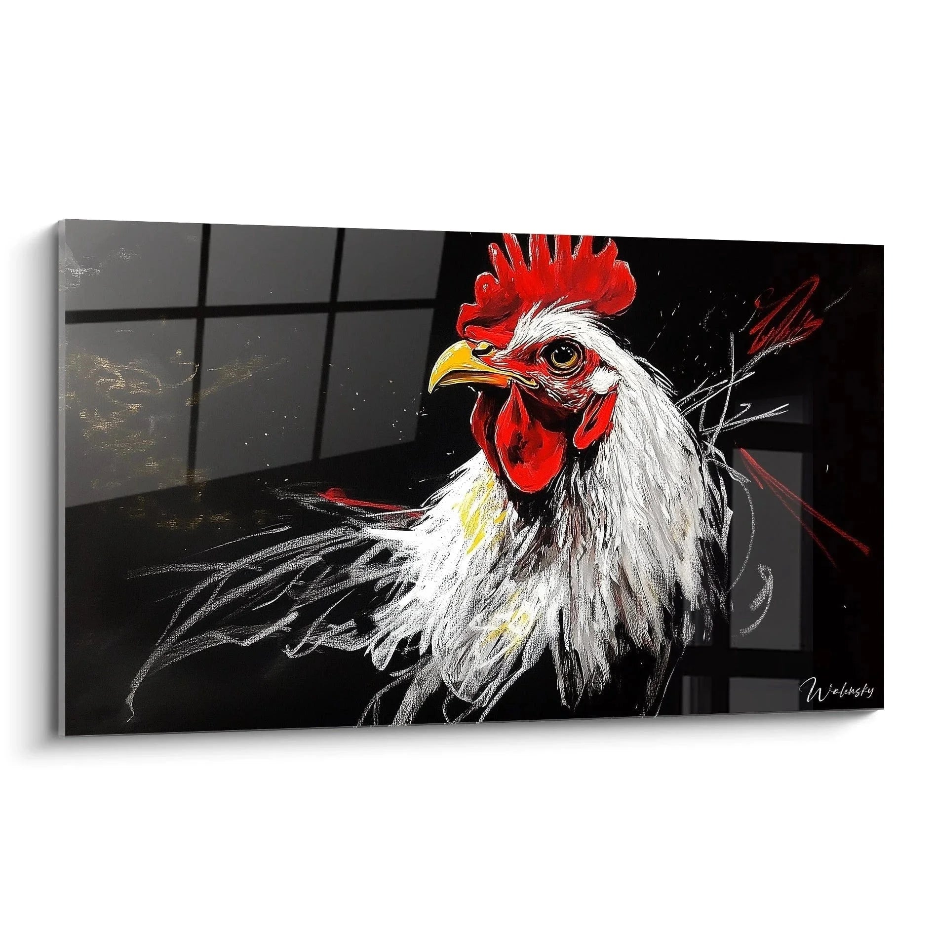 Wandbild Hahn weiß mit rotem Kamm, moderner Kunstdruck XXL auf schwarzem Hintergrund, Edition Hahn