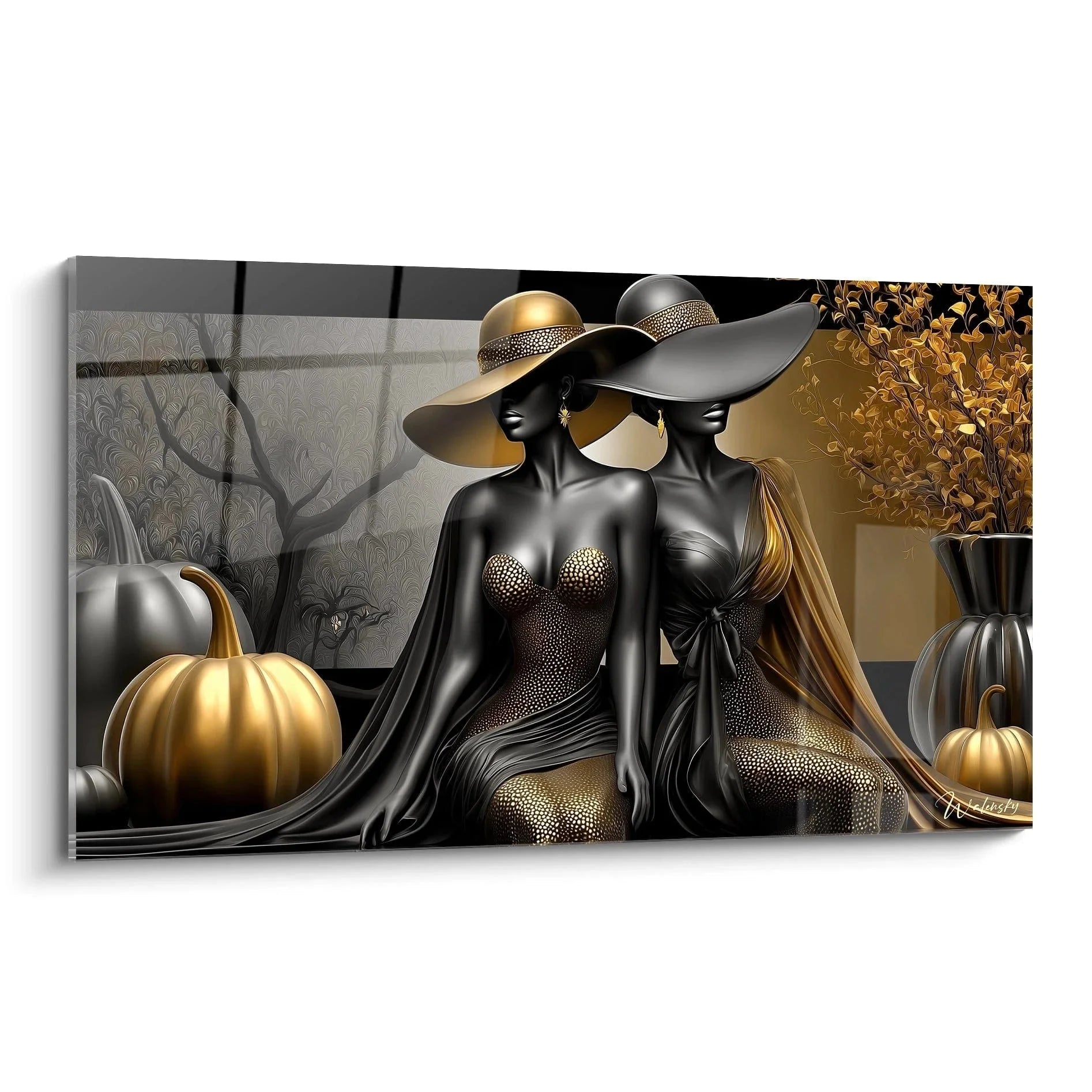 Elegante Halloween Dame Wandbild in Gold und Schwarz mit Kürbissen und Gothic Elementen