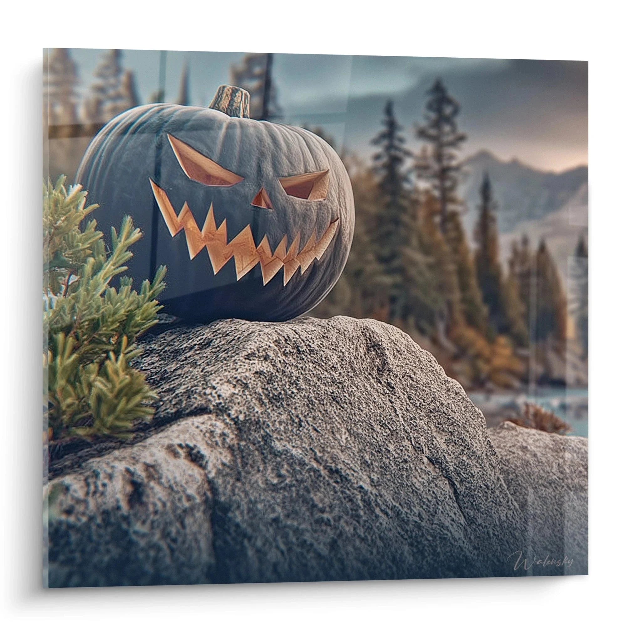 Halloween Wandbild mit gruseligem Kürbis auf Felsen - Perfekte Halloween Dekoration für Zuhause