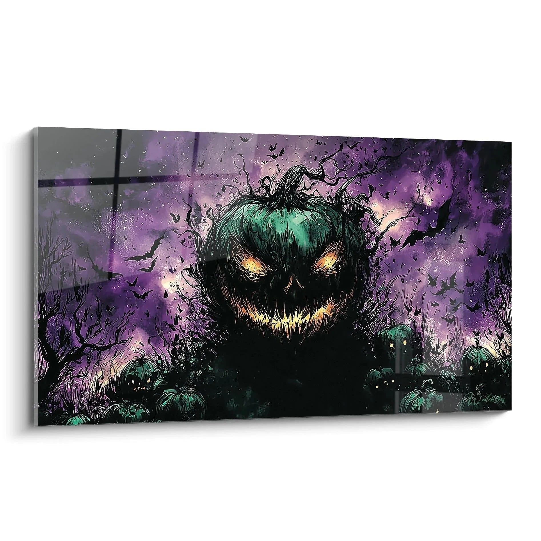 Gruseliges Wandbild Halloween Kürbis mit leuchtenden Augen und Fledermäusen vor violettem Himmel